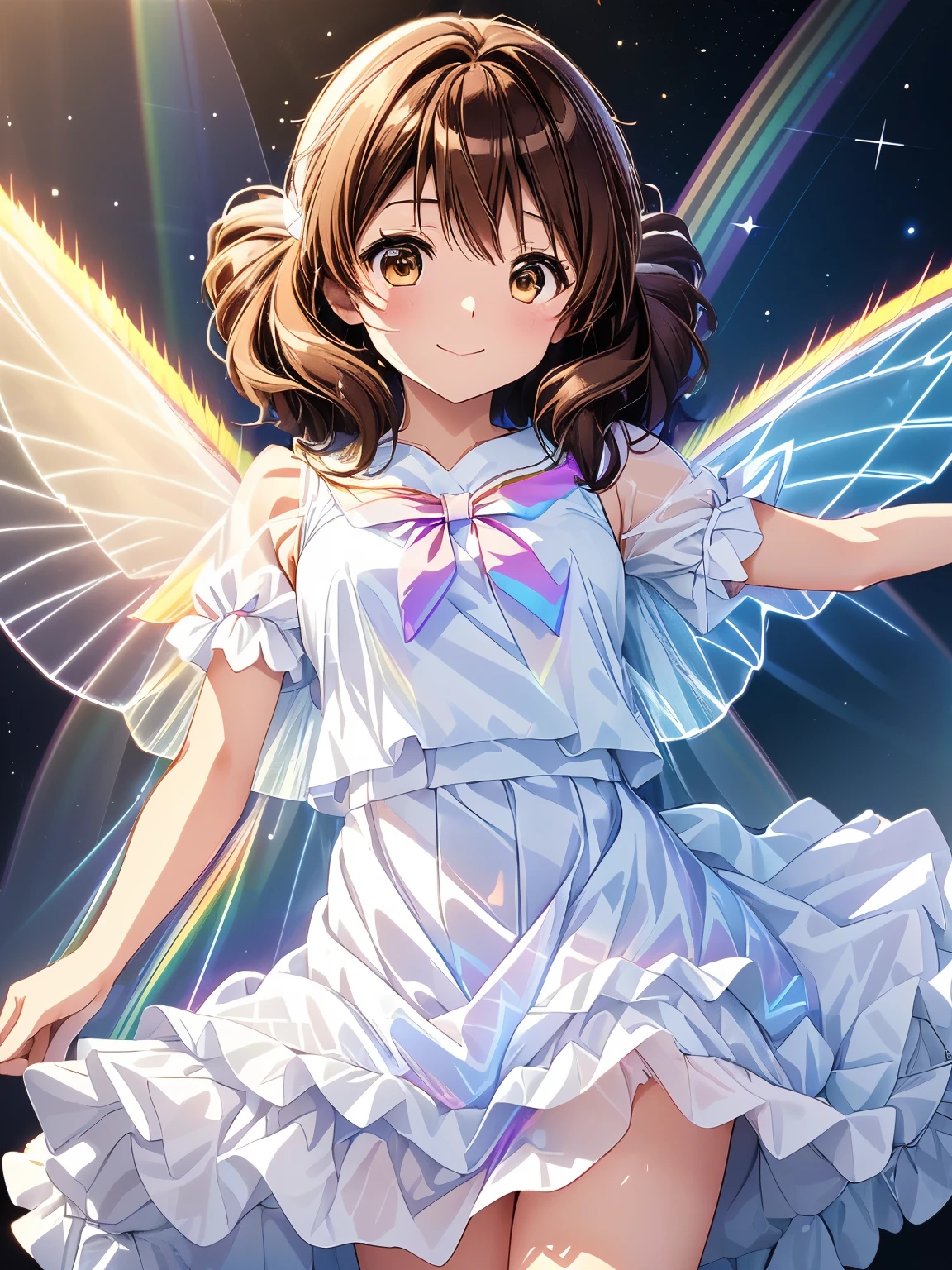 kumiko oumae、  best quality ,  Kampala , one girl shaking her hips、Alone、Smiling、Night Sky、( anime illustration style), closed mouth、smile、 Kampala,Huang Qian＿Kumiko、Brown Hair, ( Brown Eyes :1.5)、 Wavy Hair、 white frill, White Theme, (A white glowing dress that looks like a hologram:1.7), (Rainbow-colored crinoline, The multi-layered skirt shines white.:1.4), (Lace-up:1.2), (Rainbow fairy wings:1.5),(Realistic, Genuine, Genuine的、Realistic:1.2), Best Quality