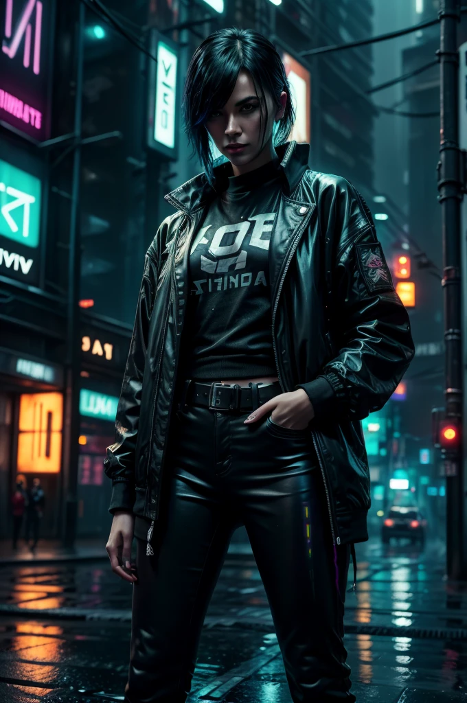 Arkane punk woman with luminous hair, oversized jacket with built-in LED lights, standing in the rain with puddles reflecting neon, city lights around casting complex shadows, dark and melancholic air of a dystopian society, 2D art, oil painting in contemporary cyberpunk style, --ar 9:16 --v 5