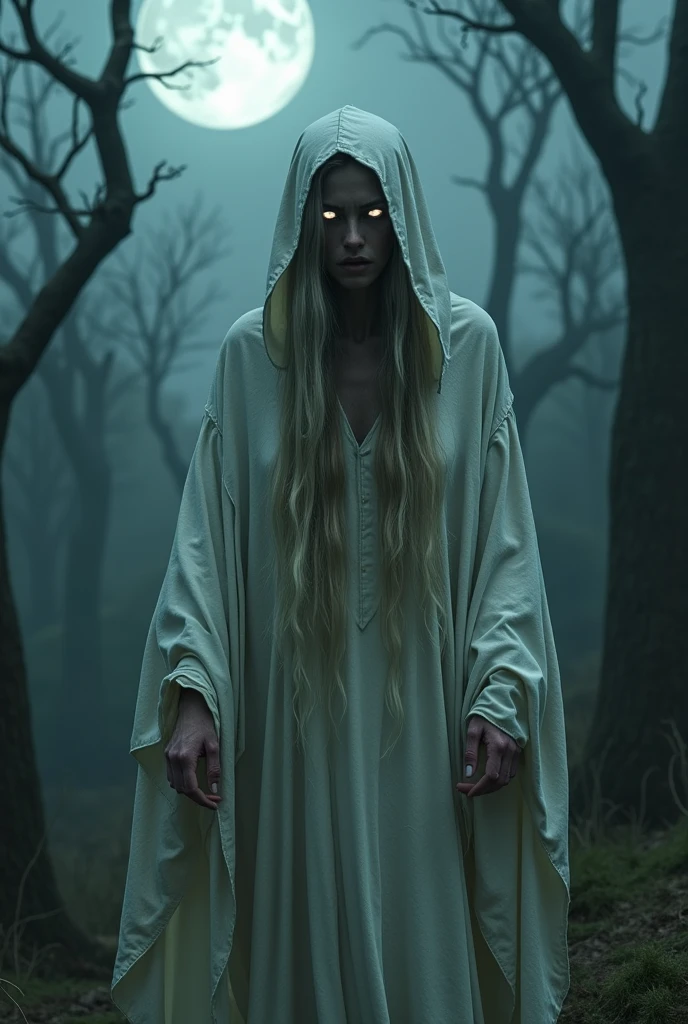 A terrifying ghostly woman, shrouded in tattered white robes, with long, flowing hair that obscures her face. Her eyes glow eerily in the dark, and her skin is pale and translucent. The background is a misty, haunted landscape with twisted trees and an ominous moonlight casting eerie shadows. The atmosphere is filled with a sense of dread and supernatural horror.