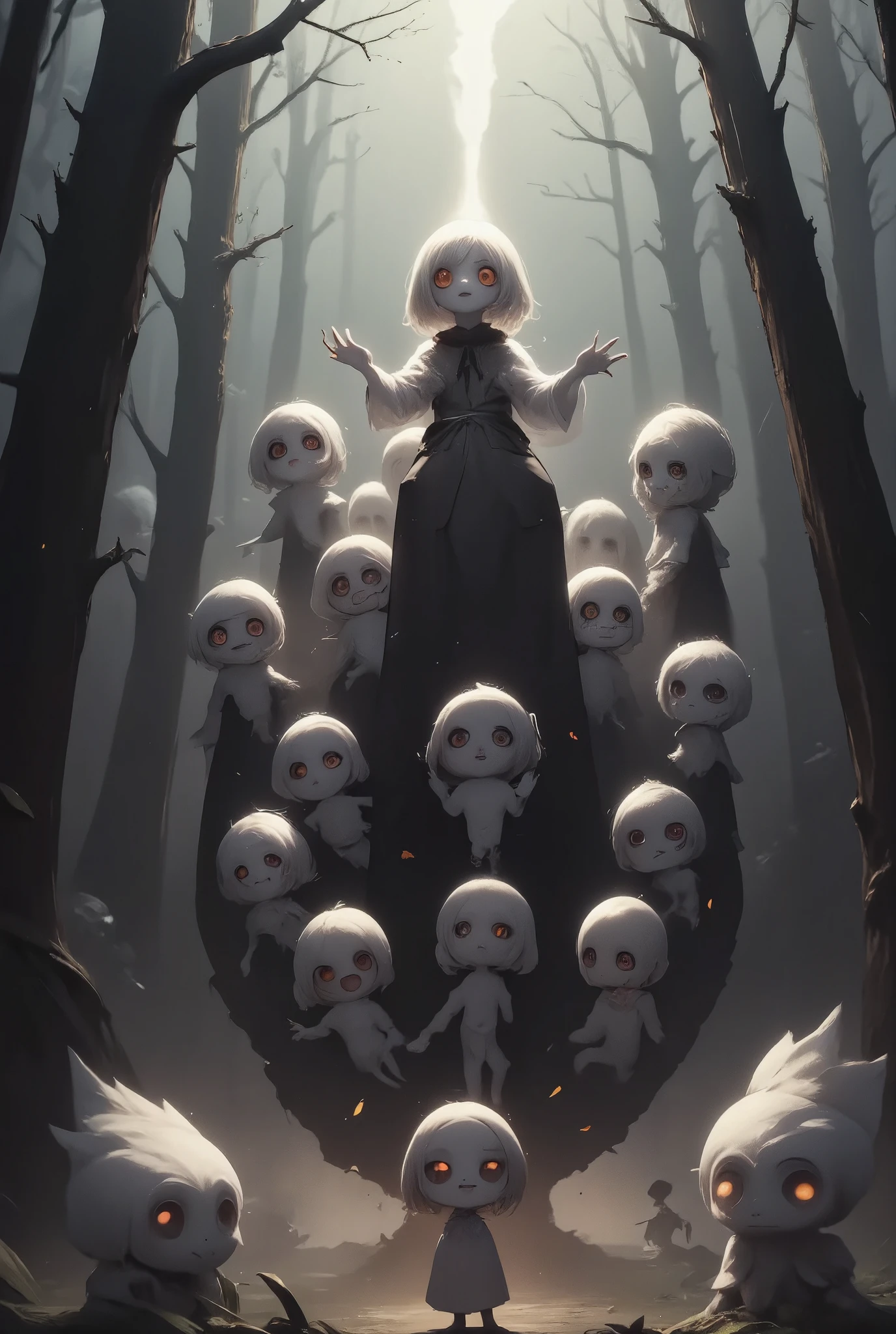 conceptual installation fantasy horror artwork, gathering of cute ghosts, full moon, line of light from the full moon, in a secluded forest, various effects, delicate and dynamic textures, contrasts of light and shadow, ultra detailed, absolutely resolution, best quality