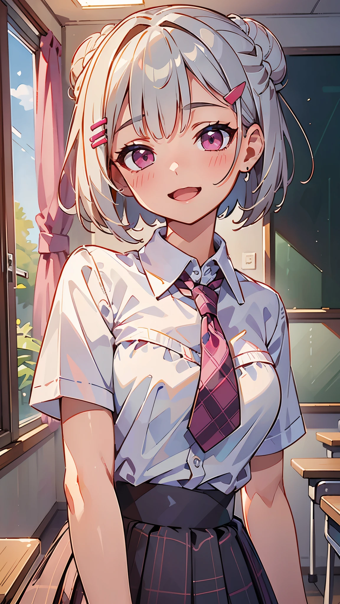 (masterpiece、Best Quality、Kampala ))、((Highly detailed CG integrated 8K))、I'm tied to a bun with short silver bob hair、Hair Clip、Pink Eyes、 white blouse shirt、 tartan check skirt、smile、 open your mouth wide 、 open your mouth wide 、 Upper Body Closeup、Classroom after school、Sharp contours