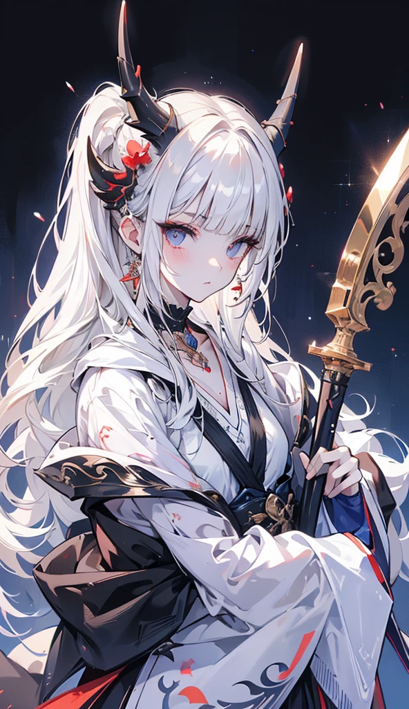 (masterpiece), (best quality), (detailed), light layer, lustrous skin, (intricate detailed , taut clothes, modern vestimenta, hair ornament :1.2), from above, white hair, black choker, long hair, hime cut, demon horns, circular demon horns, woman, blunt bangs, sidelocks, thicc, rainbow eyes, imperatriz, holding quarterstaff,holding scythe,holding sword, (mature female:1.1),full body, side-ponytails, (simple background:1.1),  