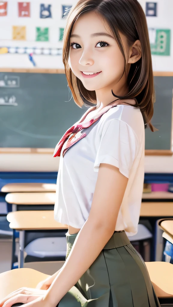  very detailed ,  high quality, masterpiece, (((Very beautiful elementary school student)))、Studying in a school classroom、Bright smile、8k、Realistic、High image quality、((Extremely short skirt))、(((Detailed cute face)))