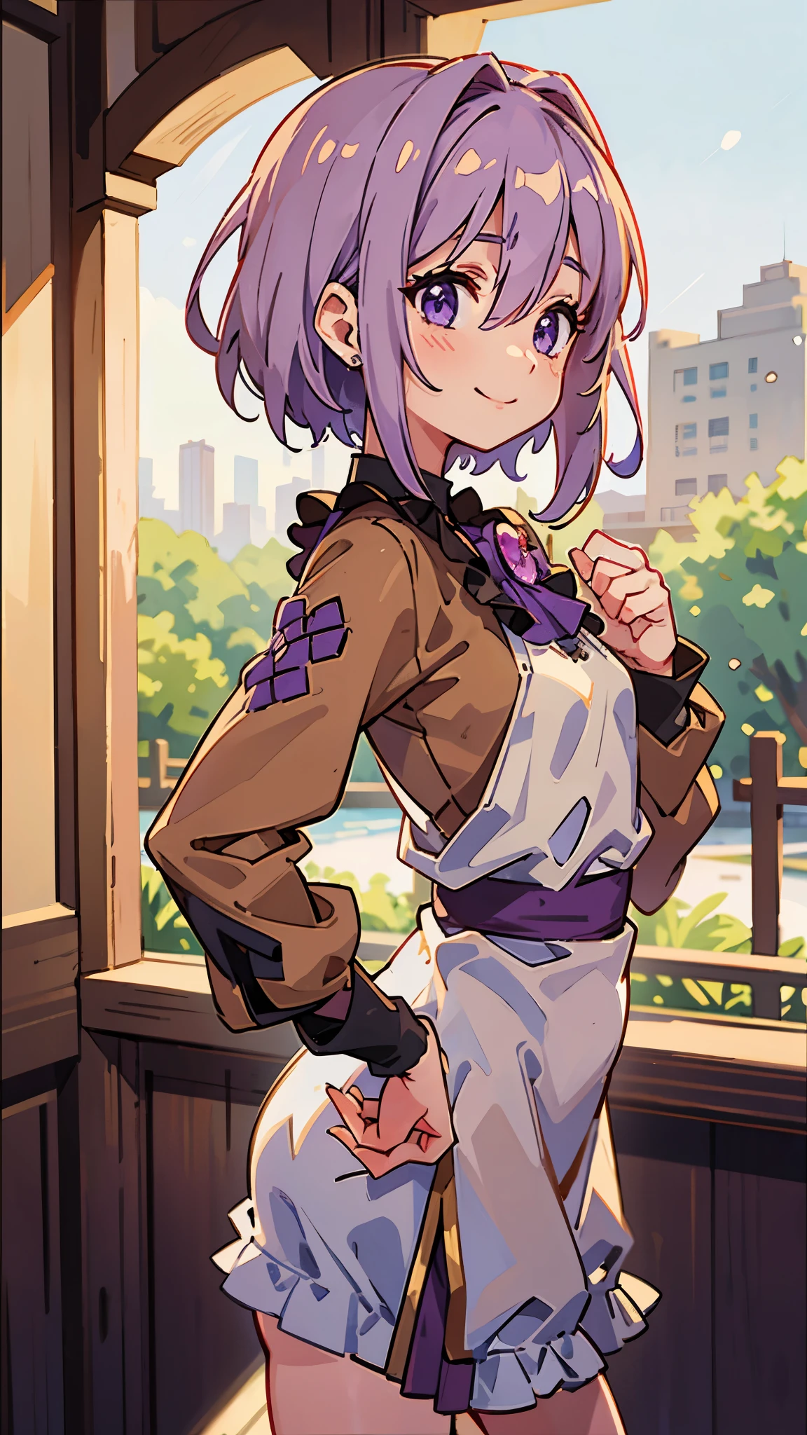  one girl shaking her hips、8k、 sharp focus、(Bokeh) (Best Quality) (Detailed skin:1.3) ( Intricate Details) (anime)、 Upper Body Closeup、From the side、Natural proportions、smile、 white skin、Small breasts、 light purple hair 、 short hair、 hair between eyes 、Beautiful purple eyes、 brown jacket 、(Long sleeve blouse)、Ruffled blouse、Morning cafe terrace、 Blurred Background 、Write boundary depth