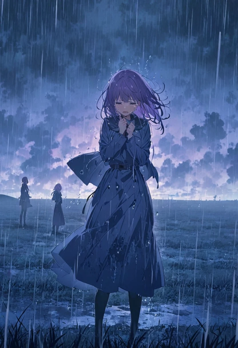 ((anime))、pastel、 woman,Purple Hair,Navy Clothes, crying,In the Rain,Standing on the Plains,