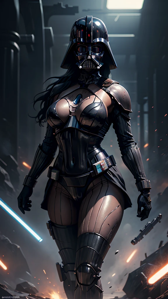 Realista 1.2, Pose sensual, NUDE MILF. athletic body, cintura fina, breasts big, female dark trooper, capa preta, StarWars. Samurai. Bikini armour. helmet. mask. thick thighs, High detail, high qualiy, best qualityer, 1080P, 16K, realisitic, 8k, 4d cinema, Extremely detailed Artgerm, [ digital art 4k ]