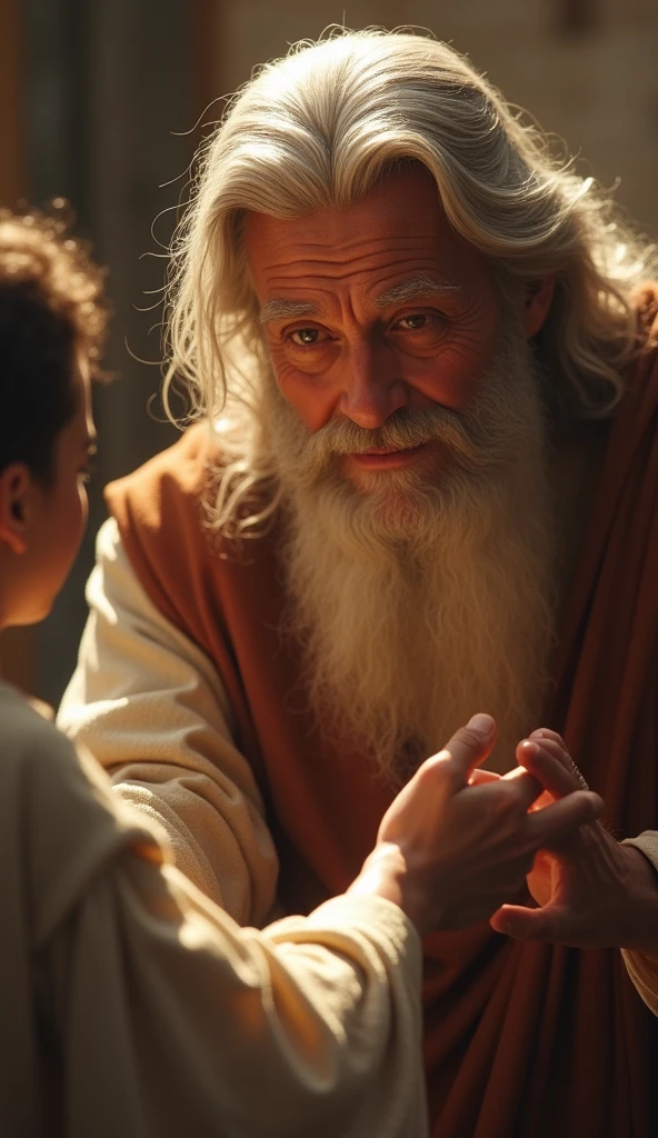 Old man talking with young daughter, Biblical characters from the New Testament of the Bible,