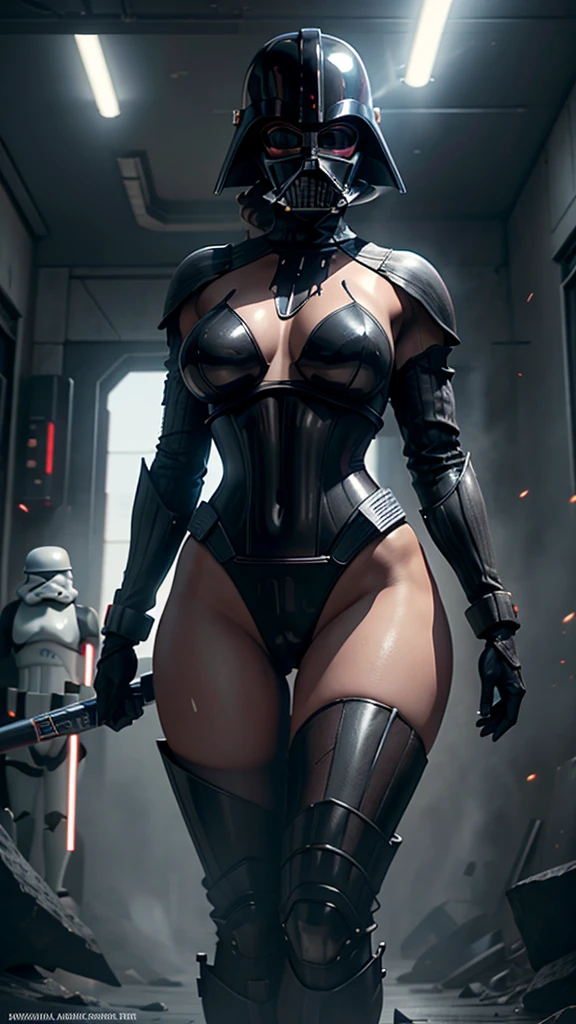 Realista 1.2, Pose sensual, NUDE MILF. athletic body, cintura fina, breasts big, female dark trooper, capa preta, StarWars. Samurai bikini. Bikini armour. helmet. mask. thick thighs, High detail, high qualiy, best qualityer, 1080P, 16K, realisitic, 8k, 4d cinema, Extremely detailed Artgerm, [ digital art 4k ]