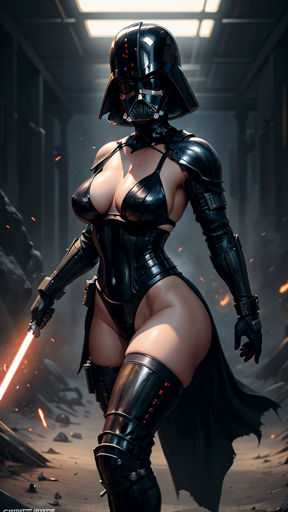 Realista 1.2, Pose sensual, NUDE MILF. athletic body, cintura fina, breasts big, female dark trooper, capa preta, StarWars. Samurai bikini. Bikini armour. Capa preta, helmet. mask. thick thighs, High detail, high qualiy, best qualityer, 1080P, 16K, realisitic, 8k, 4d cinema, Extremely detailed Artgerm, [ digital art 4k ]