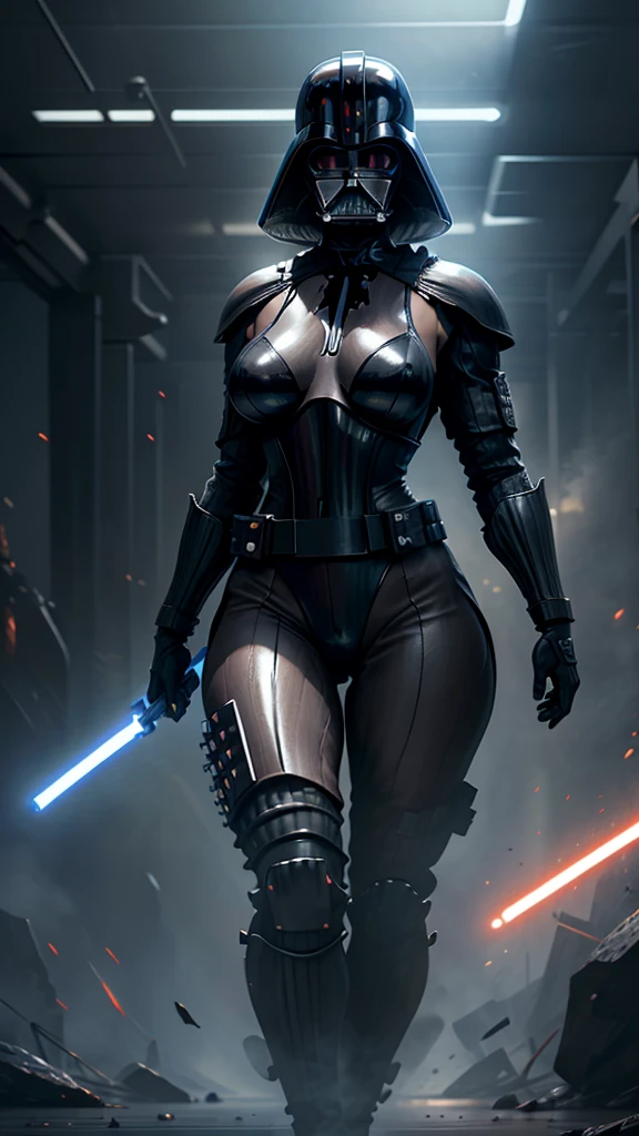 Realista 1.2, Pose sensual, NUDE MILF. athletic body, cintura fina, breasts big, female dark trooper, capa preta, StarWars. Samurai. Bikini armour. helmet. mask. thick thighs, High detail, high qualiy, best qualityer, 1080P, 16K, realisitic, 8k, 4d cinema, Extremely detailed Artgerm, [ digital art 4k ]