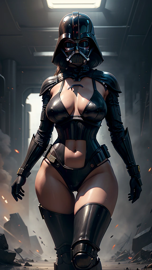 Realista 1.2, Pose sensual, NUDE MILF. athletic body, cintura fina, breasts big, female dark trooper, capa preta, StarWars. Samurai bikini. Bikini armour. helmet. mask. thick thighs, High detail, high qualiy, best qualityer, 1080P, 16K, realisitic, 8k, 4d cinema, Extremely detailed Artgerm, [ digital art 4k ]