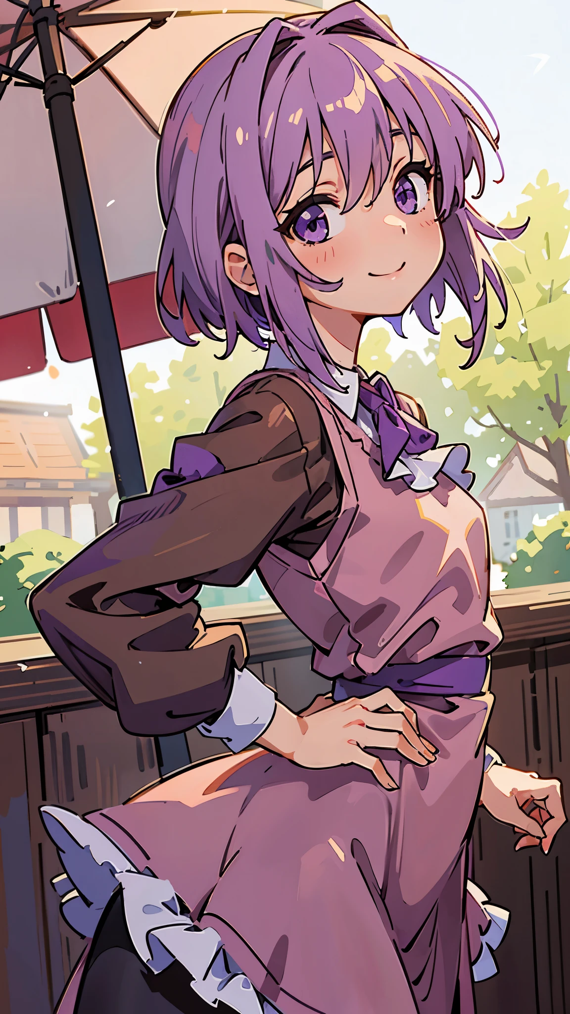  one girl shaking her hips、8k、 sharp focus、(Bokeh) (Best Quality) (Detailed skin:1.3) ( Intricate Details) (anime)、 Upper Body Closeup、From the side、Natural proportions、smile、 white skin、Small breasts、 light purple hair 、 short hair、 hair between eyes 、Beautiful purple eyes、 brown jacket 、(Long sleeve blouse)、Ruffled blouse、Morning cafe terrace、 Blurred Background 、Write boundary depth