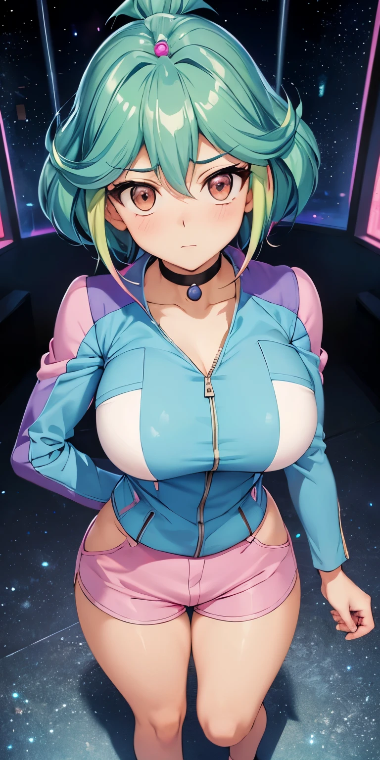 1 Female,High definition,high resolution,Ultra-realistic,8K, yu-gi-oh! arc-v, rin_arc_v, 1girl, solo, (large breasts, medium breasts:1.2), (wide hips:1.2), (blue jacket, long sleeves:1.2), (pink shorts, short shorts:1.3), black choker, barefoot,large breasts,European,sexy,Upper body close-up,Photographed from the front,Dynamic Angles,private teacher,A little sheer underwear,blue underwear,blush, big tits ,(show panties ),(top view),(full body), Multicolored hair 