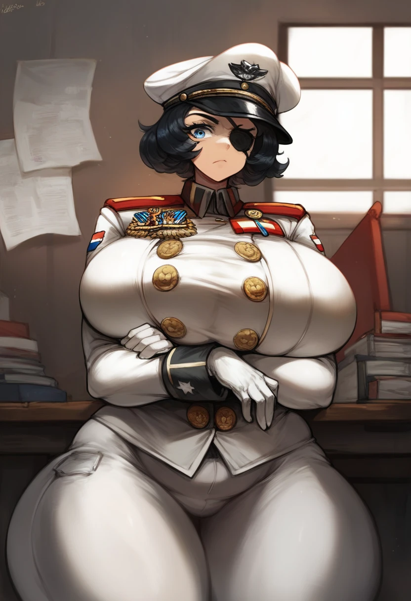 Masterpiece,best quality, high resolution,1 girl,black hair,short hair, blue eyes, eye patch,black eye patch, cowboy shot, military uniform,medals, ((White military uniform)),red accents, golden buttons, general cap,white gloves, voluptuous figure, dummy thicc,huge breasts, wide hips,thick thighs,angled view, military office, wooden desk, window, cabinet,plump, belly,((arms crossed)), squeezed breast 