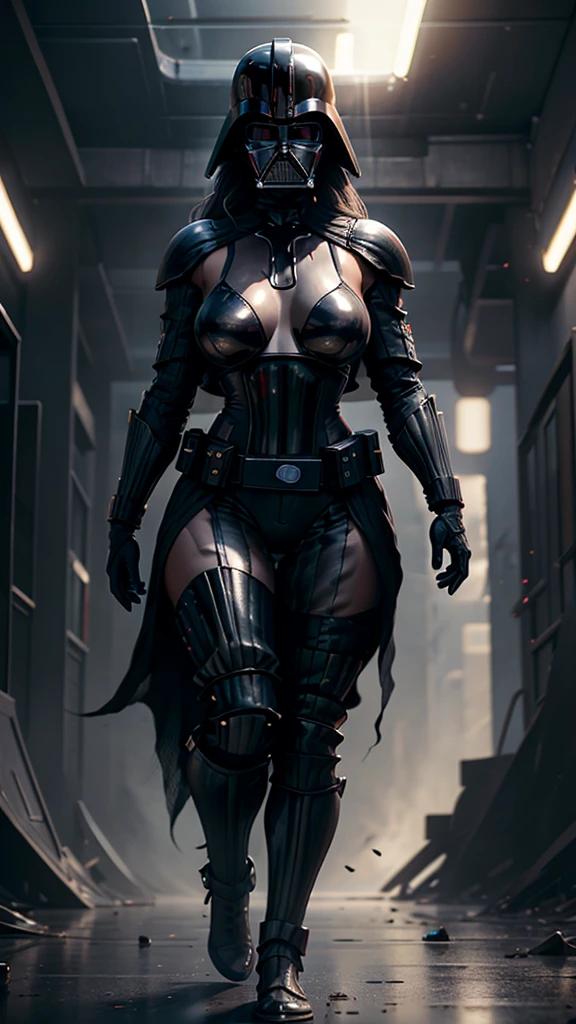 Realista 1.2, Pose sensual, NUDE MILF. athletic body, cintura fina, breasts big, female dark trooper, capa preta, StarWars. Samurai. Bikini armour. helmet. mask. thick thighs, High detail, high qualiy, best qualityer, 1080P, 16K, realisitic, 8k, 4d cinema, Extremely detailed Artgerm, [ digital art 4k ]