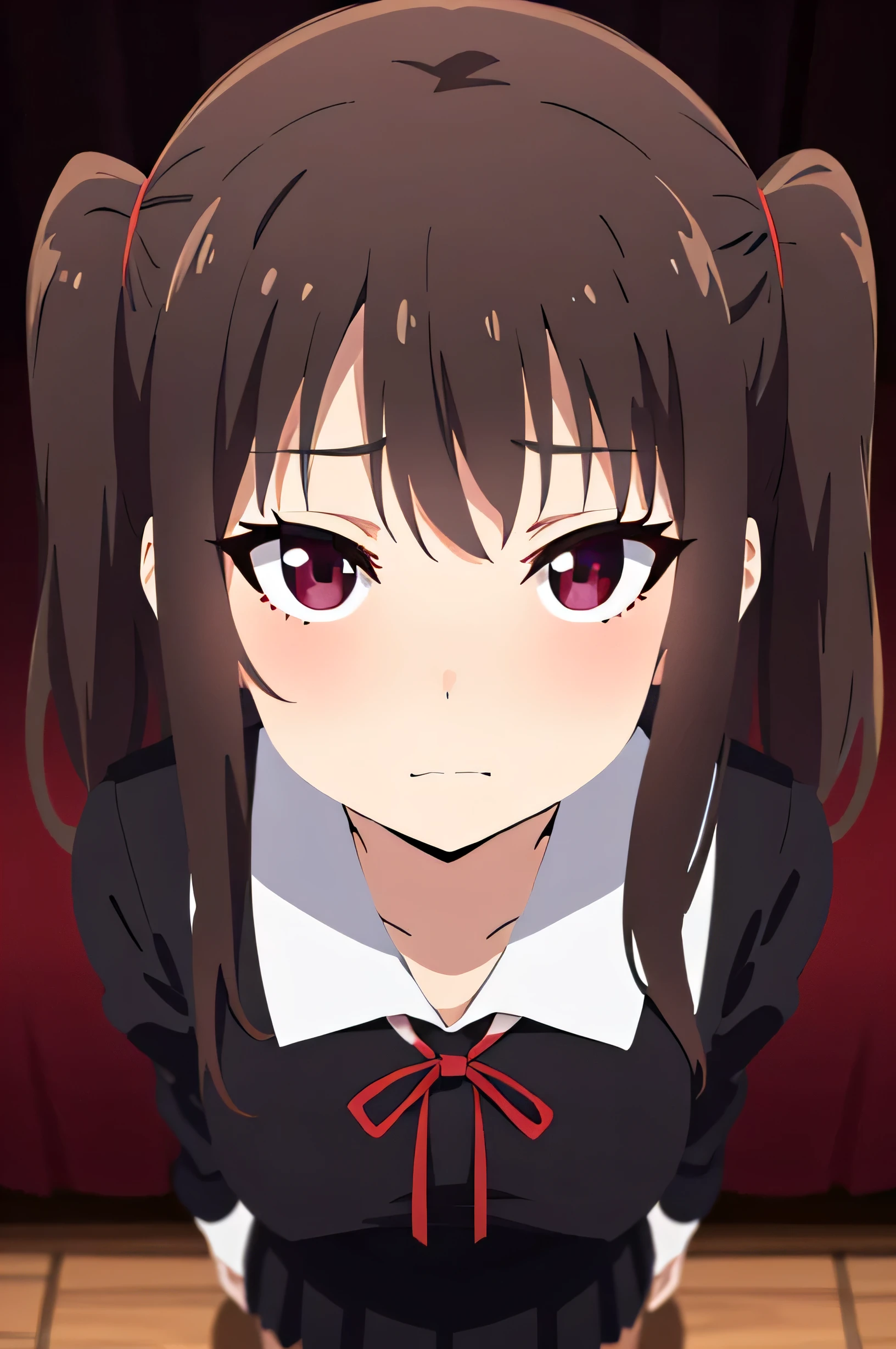 cute anime girl, extreme dark brown hair, dark burgundy eyes, peculiar longe and two side up hairstyle, frontal angle, dark hair, dark hair,  staring directly at viewer, slightly blushed, strength expression, bright eyes, school uniform High resolution, Very detailed, Curly Hair, (The lights are out), From above、(Focus on the face)、Place one hand on hip、get closer、Looking into the camera

