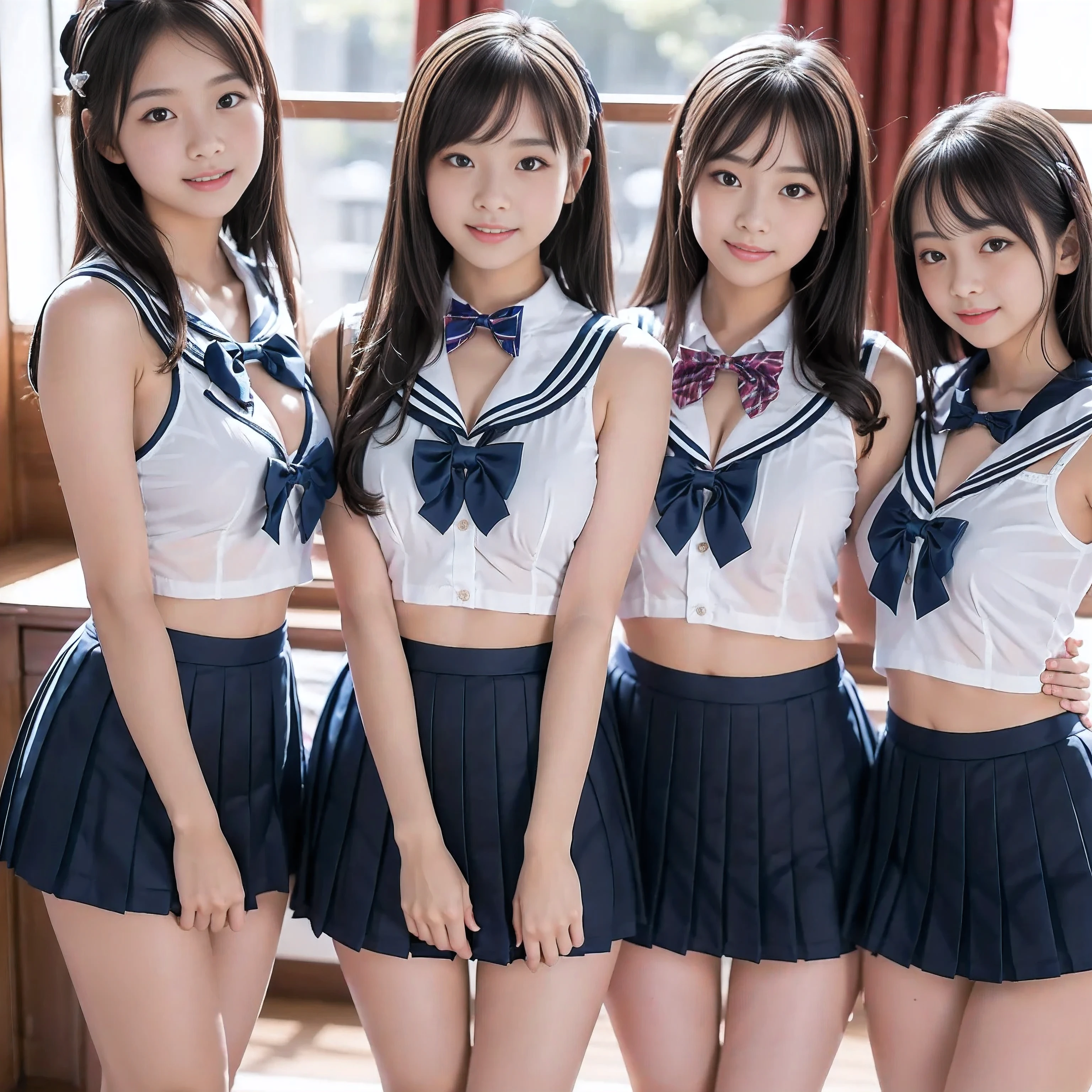 (4k, high quality, high quality, masterpiece), (realistic), ((three girls in front of me, equally centered left and right, from head to thighs)), (((turn your body to me and look at me))), (((bow tie around neck, sailor lingerie, pleated micro mini skirt))), (black hair,  face, smile, beautiful cleavage, beautiful thighs)), The high school girls were captured by me and brainwashed to obey me, they were made to wear sailor-fuku and lingerie to satisfy my desire, and I would nap them and make them my subordinates.