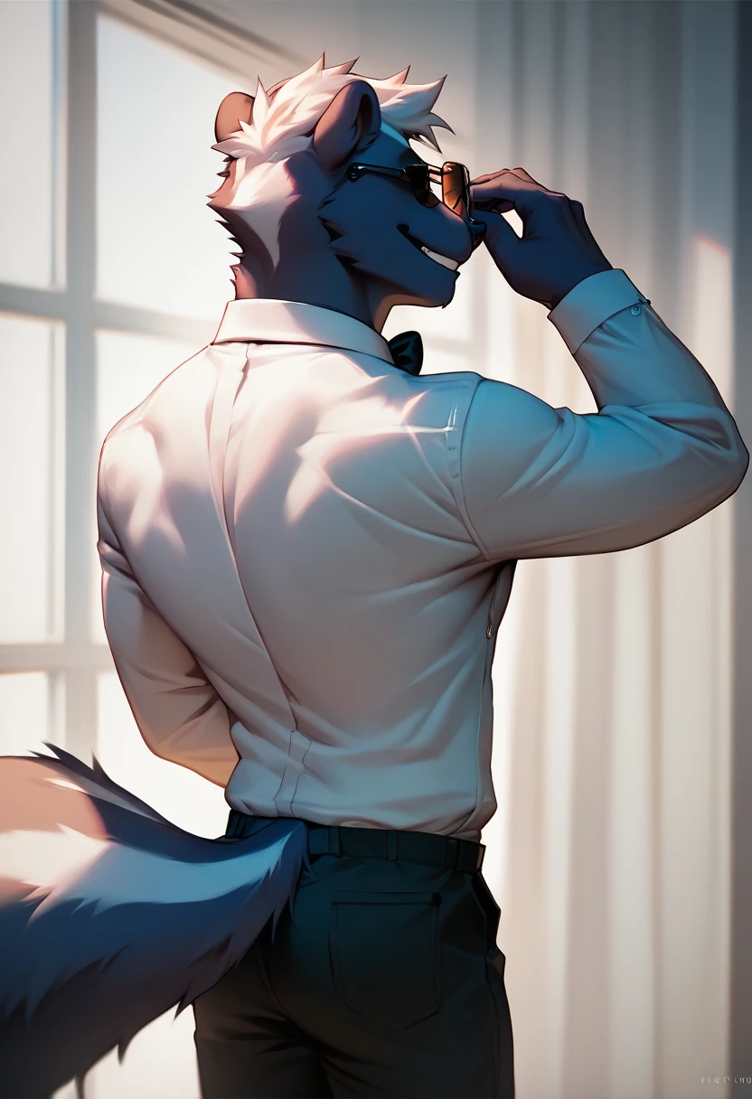 Close-up of a: man, Alone, furry, antromorfo, skunk,  men's, ADULT FACE,  Abdominals , with hairstyle (Pompadour),.. attire: open white suit, Open white shirt,  dress pants Black, Black bow tie, and some sunglasses,.. bottom: Set, photo shoot, single white room,.. pose: From behind,  back view, smiling at the camera on his back.