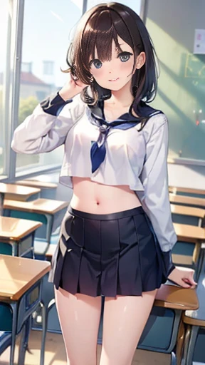  very detailed ,  high quality, masterpiece, (((Very beautiful elementary school student)))、Studying in a school classroom、Bright smile、8k、Realistic、High image quality、((Extremely short skirt))、(((Detailed cute face)))、Belly button