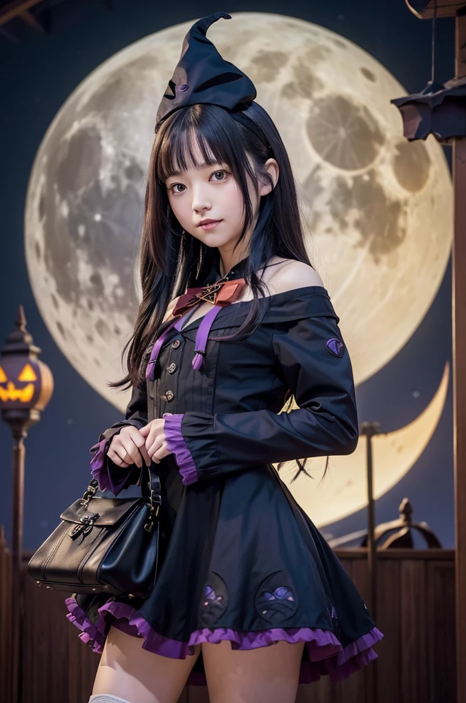 8k、 RAW Photos、Best Quality、masterpiece:1.2)、(Real、写真のようにReal:1.4)、( Highly Detailed 8k Wallpaper )、 An enchanting young woman in a Halloween themed costume 、 stands confidently under the eerie glow of the full moon on an eerie fall night 。 She's wearing a seductive off-the-shoulder top 、Showing off her smooth shoulders 、 short and playful She's wearing a miniskirt 。 in a dark, form-fitting outfit in shades of black and deep purple 、 adds a mysterious and enchanting vibe 。 and her thigh-high boots complement her long legs 、 her wavy hair hangs gracefully on her shoulders 。In the background、 Jack-o-lantern with a glowing face 、Twisted Tree、 a haunted house creates a scene 、 bats are flying in the distance 。 She has a small pumpkin-shaped handbag 、 tilting her witch hat to the side 、 completes her enchanting Halloween outfit with her mischievous yet charming smile。