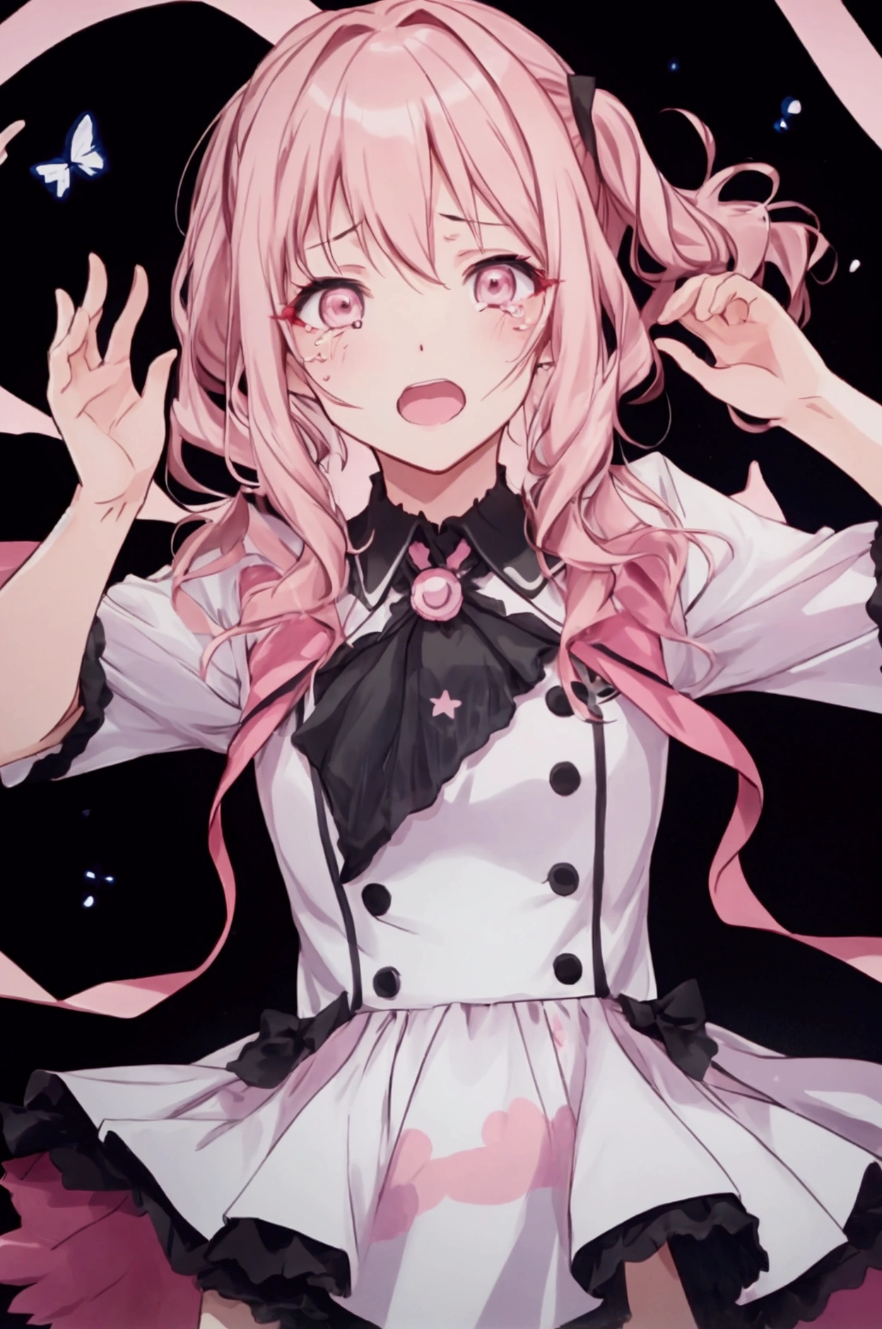 Mizuki Akiyama,crying,Cover your face with your hands,Shocked,ragged idol costume,black background