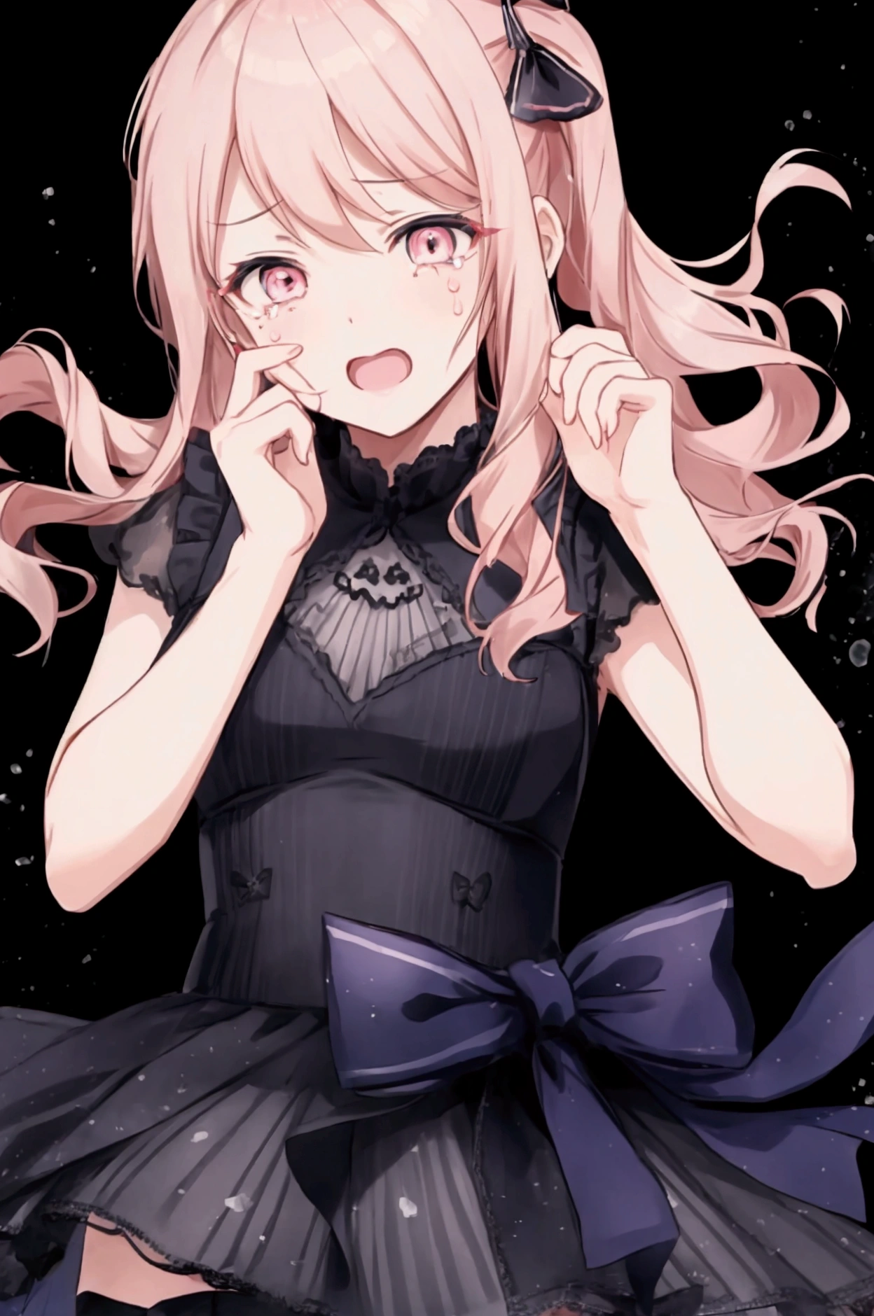 Mizuki Akiyama,crying,Cover your face with your hands,Shocked,ragged idol costume,black background