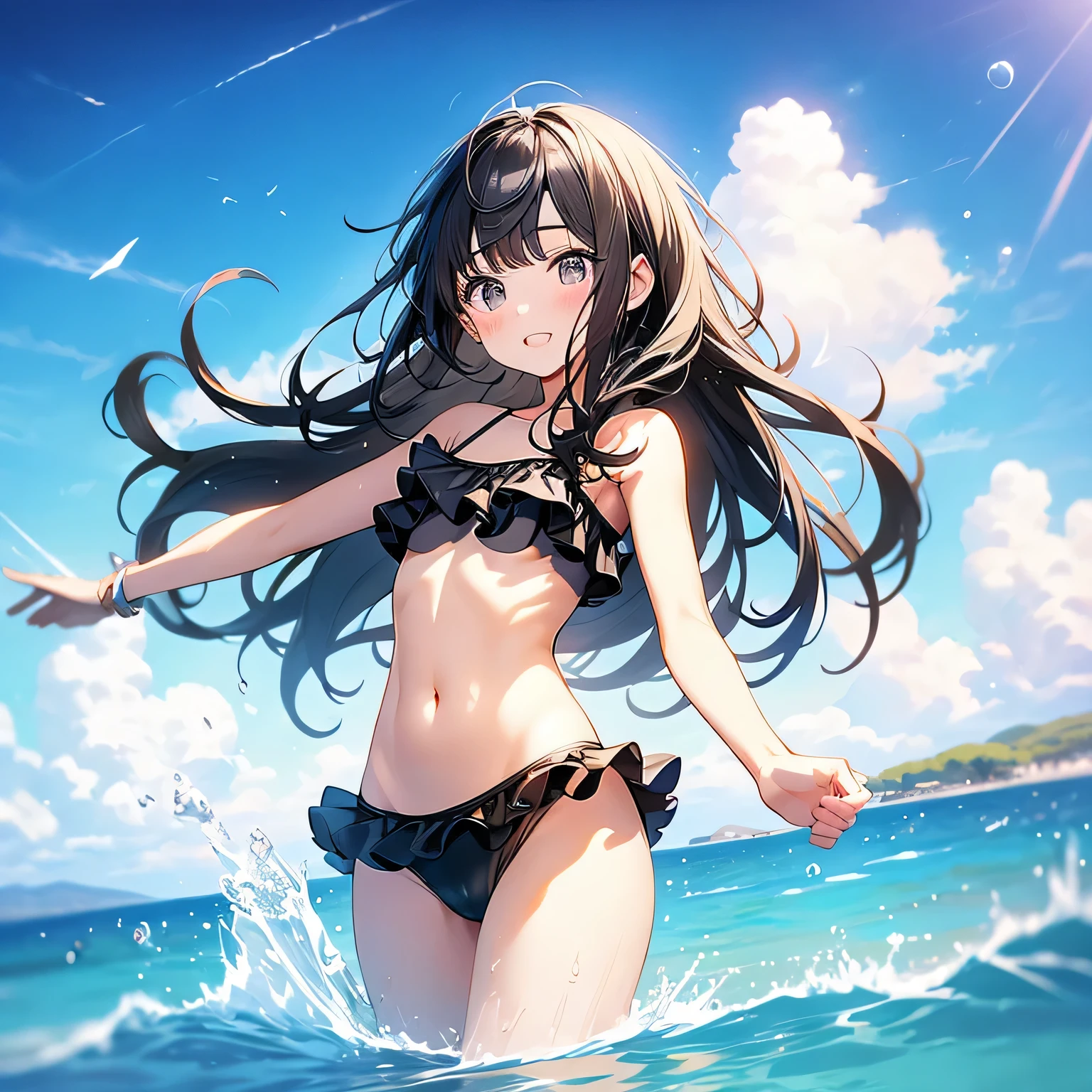 whole body、woman、Black Hair、Long Hair、Black Eye、Small breasts、Frilled swimsuit、bikini、sea、Leaning forward、Looking up