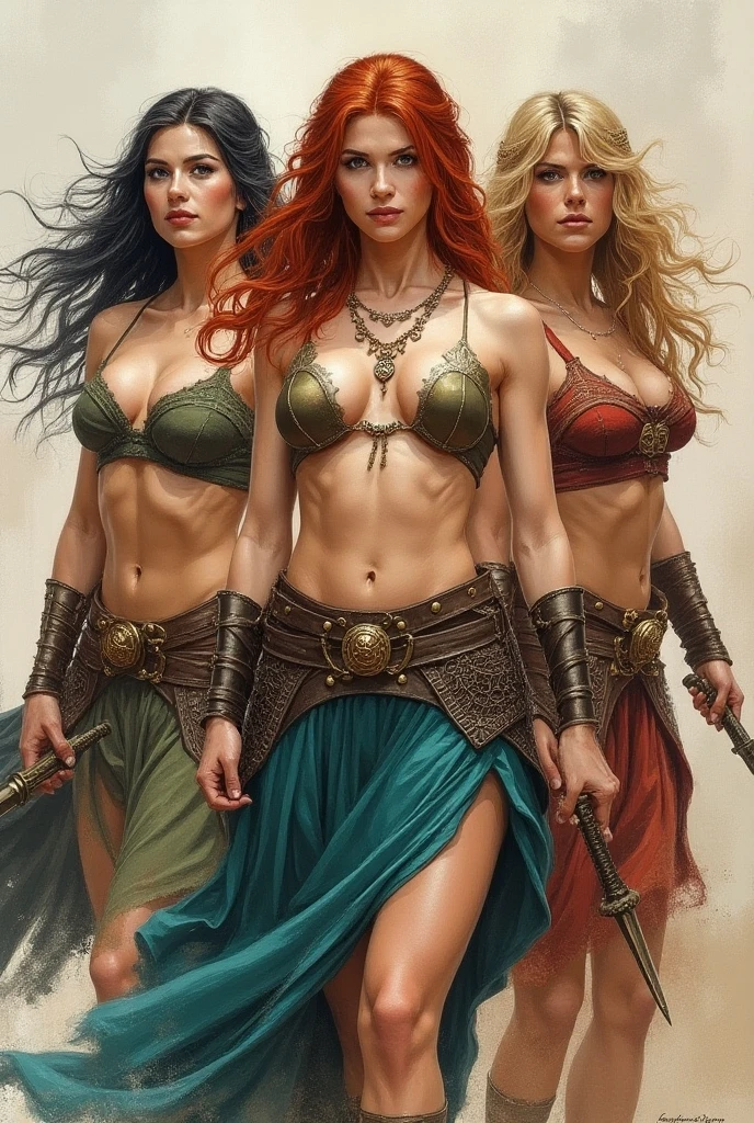 a handsome young barbarian woman based on Kim Kardashian, she is standing tall with an oversized sword in her hand, she has braided red hair, she has mysterious runes all over her body, French Renaissance painting style, cinematic, fantasy illustration, that showcases the best quality,4k,8k,highres,masterpiece:1.2,ultra-detailed,realistic:1.37,HDR,studio lighting,ultra-fine painting,sharp focus,physically-based rendering,extreme detail description,professional,vivid colors,bokeh,colorful and vibrant atmosphere