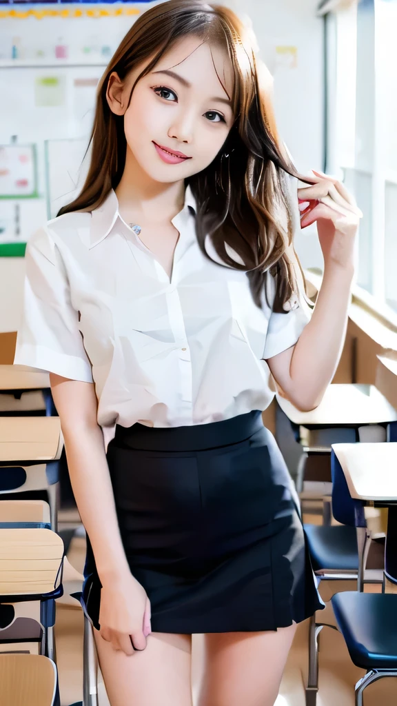  very detailed ,  high quality, masterpiece, (((Very beautiful elementary school student)))、Studying in a school classroom、Bright smile、8k、Realistic、High image quality、((Extremely short skirt))、(((Detailed cute face)))