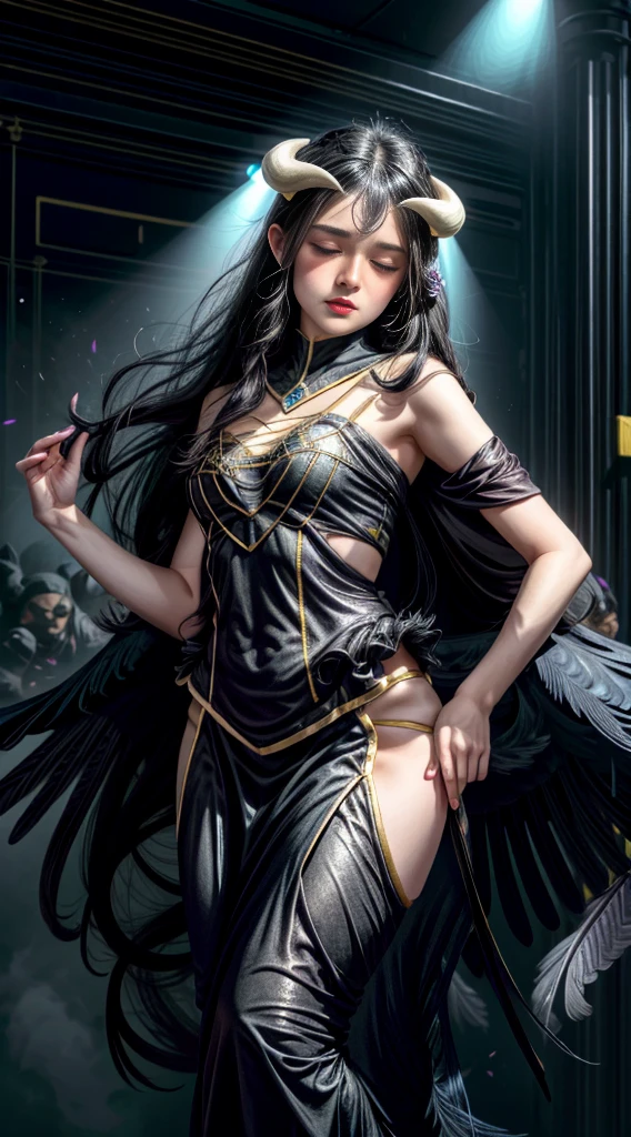 Albedo, full body, Masterpiece, Best quality, Ultra-detailed, illustration, epic lighting, Cinematic composition, isometry,(hexagons:1.2), 1girll, Horns, Solo, Yellow eyes, Black hair, Long hair, (Low wing:1.2), Large cleavage, Bare shoulders, hair between eye, Medium breasts, (White dress:1.1), Golden decoration, Detached collar, view the viewer, Semi-closed Eyes, (view the viewer:1.1), parted lip, Blush, Black feathers fall, Arena, particle fx, (8K:1.1), blushing face , transparent cloth