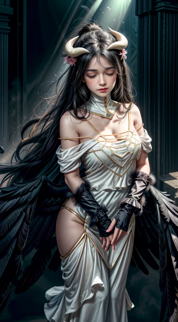 Albedo, full body, Masterpiece, Best quality, Ultra-detailed, illustration, epic lighting, Cinematic composition, isometry,(hexagons:1.2), 1girll, Horns, Solo, Yellow eyes, Black hair, Long hair, (Low wing:1.2), Large cleavage, Bare shoulders, hair between eye, Medium breasts, (White dress:1.1), Golden decoration, Detached collar, view the viewer, Semi-closed Eyes, (view the viewer:1.1), parted lip, Blush, Black feathers fall, Arena, particle fx, (8K:1.1), blushing face , transparent cloth