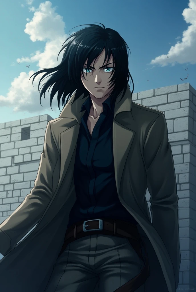  Eren Yeager in the 4th season of Attack on Titan shows an imposing and intimidating appearance . Your long hair,  dark and silky falls to almost half his back ,  often loose and framing your serious face ,  he wears a light black cloth coat he is around 18 to 19 years old ,  always has a decadent and depressed look at his friends and opponents ,  has blue eyes in a few shades of mixed green , And the one with one hand raised ,  is in a high place covered by white bricks it looks like a simple castle,  houses forward while he is standing 