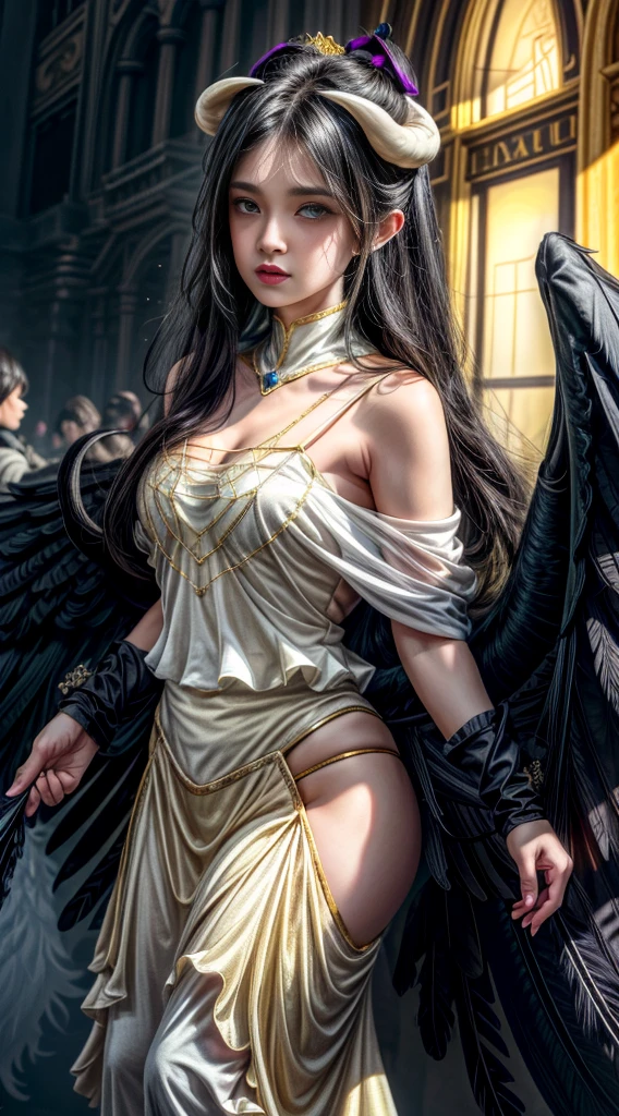 Albedo, full body, Masterpiece, Best quality, Ultra-detailed, illustration, epic lighting, Cinematic composition, isometry,(hexagons:1.2), 1girll, Horns, Solo, Yellow eyes, Black hair, Long hair, (Low wing:1.2), Large cleavage, Bare shoulders, hair between eye, Medium breasts, (White dress:1.1), Golden decoration, Detached collar, yellow Eyes, , parted hyper puffy lips, Blush, Black feathers fall, Arena, particle fx, (8K:1.1), blushing face , transparent cloth, looking at above