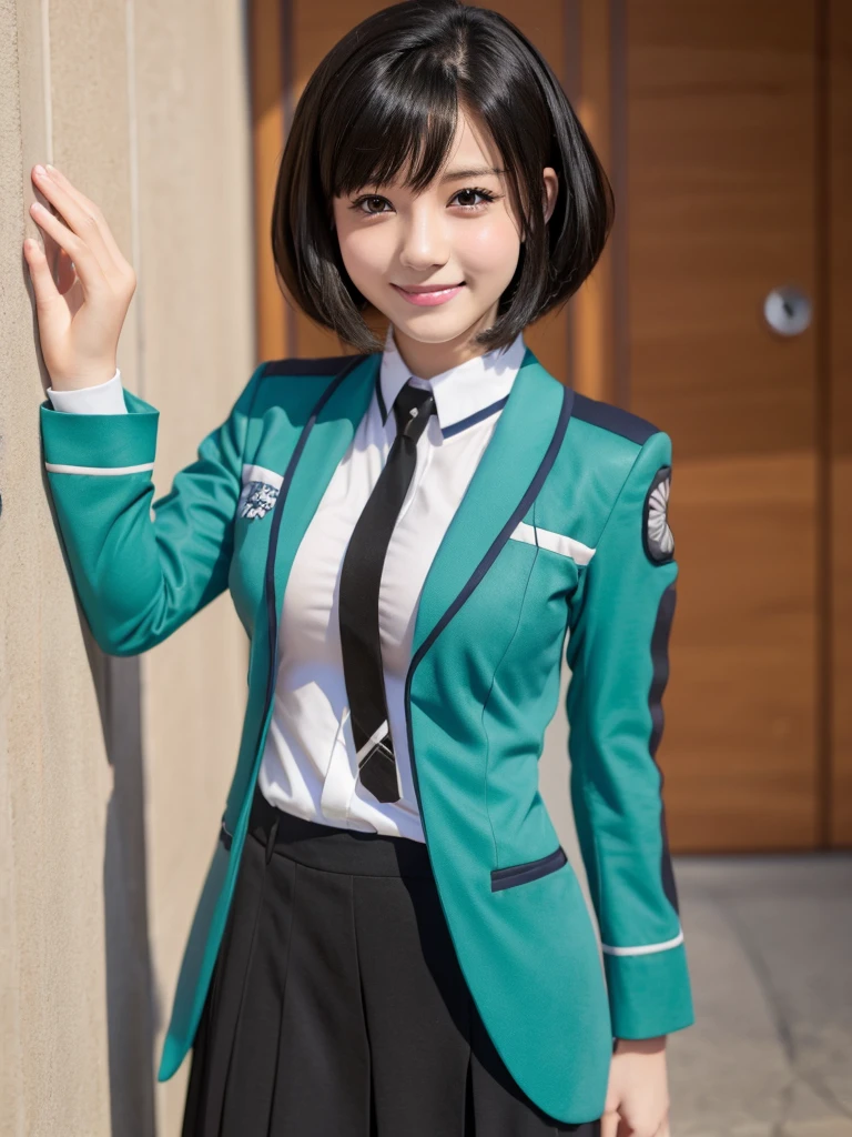 (Big Breasts)、The Irregular at Magic High School uniform、(smile)、( slender)、(Black Hair)、(Best Quality:1.5)、( short hair )