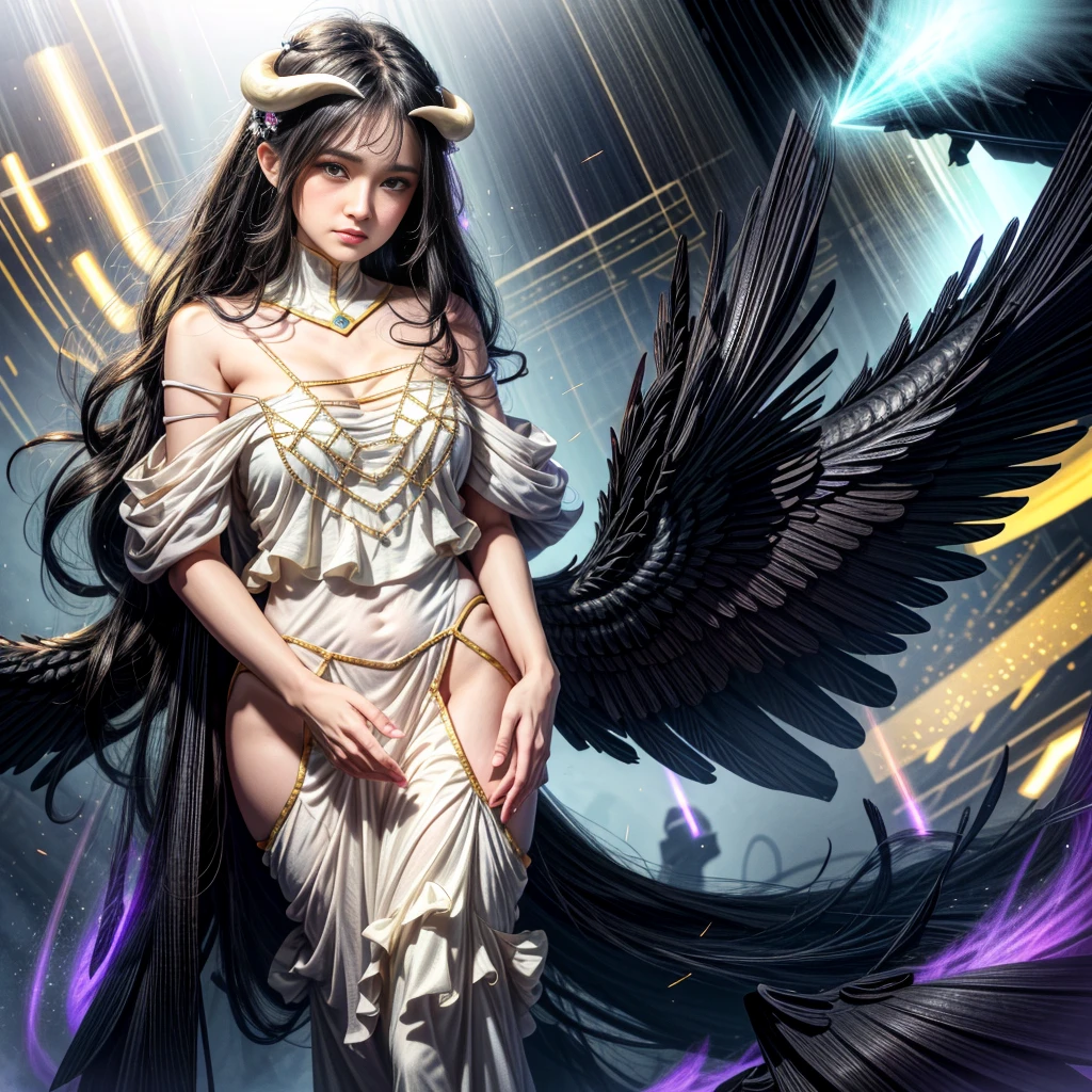 Albedo, full body, Masterpiece, Best quality, Ultra-detailed, illustration, epic lighting, Cinematic composition, isometry,(hexagons:1.2), 1girll, Horns, Solo, Yellow eyes, Black hair, Long hair, (Low wing:1.2), Large cleavage, Bare shoulders, hair between eye, Medium breasts, (White dress:1.1), Golden decoration, Detached collar, yellow Eyes, , parted hyper puffy lips, Blush, particle fx, (8K:1.1), blushing face , transparent cloth, looking at above