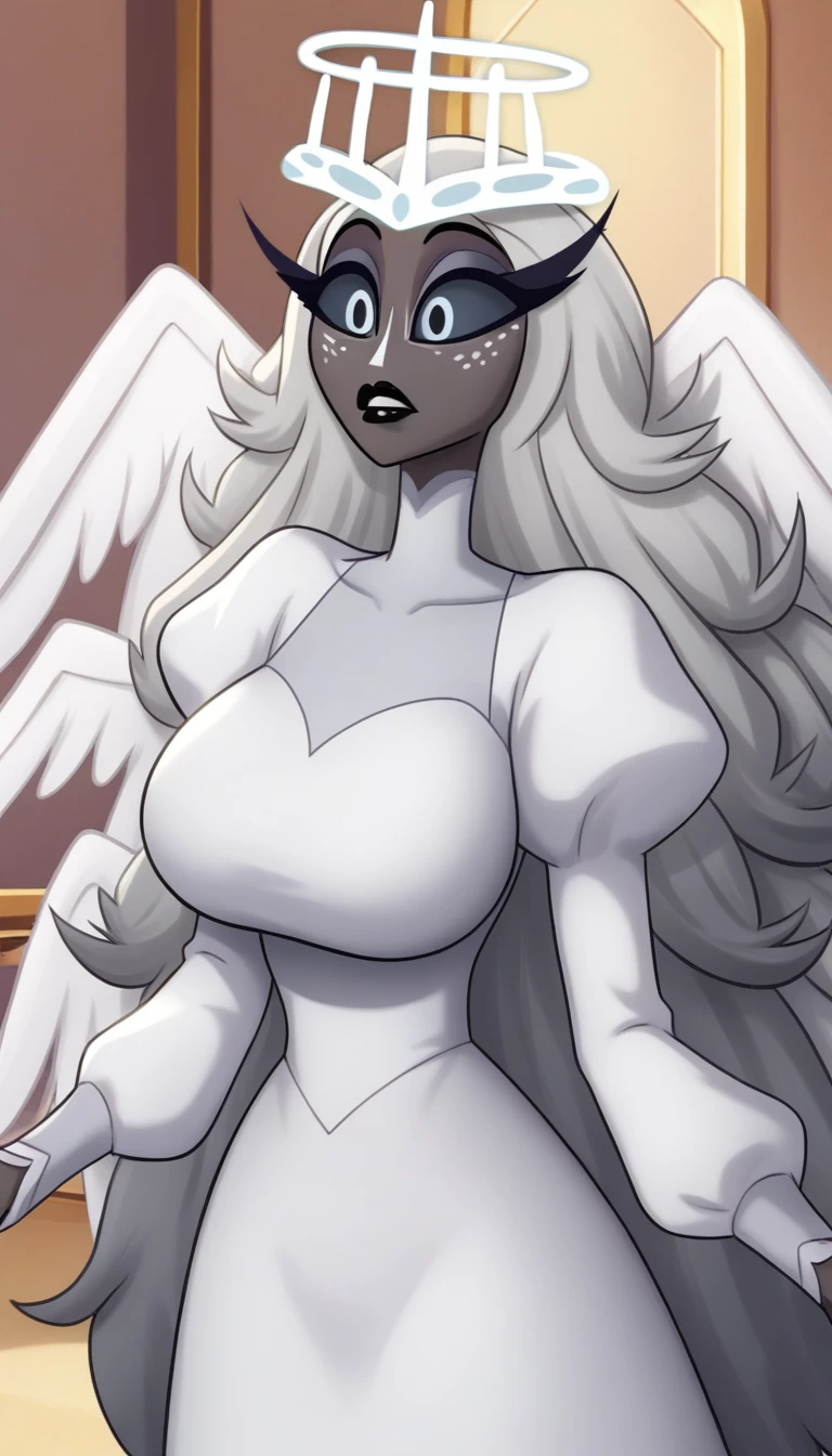 , Dark Skin Tone,  Colored Skin , White Nose,  white freckle face ,  long eyelashes, compensate, Black Lips, grey sclera ,  colored sclera , black pupils, Gray Hair, Long Hair, halo, glowing halo,  angel wings, Large Breasts,  puff sleeves, White Dress,  Long Sleeve ,  long skirt , (Alone),  in the center standing,  watching viewers , indoor