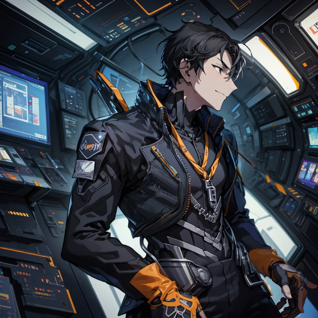  illustration of a young man , Black Hair, Short Hair, Black Eyes,  short wolf hair , 20-year-old man, I'm wearing a black skinny pilot suit,  relaxing in a spaceship lobby , A smirking expression, Official Art、 best quality 、 unity 8k Wallpaper 、32K、masterpiece、Super detailed, Male nose, Male Eyes , Male outline ,  male skeleton , Male Body, English is displayed on multiple monitors, profile,  looking down from above, {{{APEX}}}, English is displayed on multiple monitors, profile,  looking down from above,