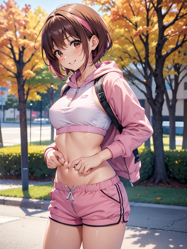 4K,cute, Brown Eyes ,Brown Hair,20-year-old woman,solo,Five beautiful fingers,Pink sports bra,Pink shorts,Pink hair band,smile,B Cup, short hair, looking at the camera ,Blurred Background,Autumn park,Wear a zip-up hoodie,