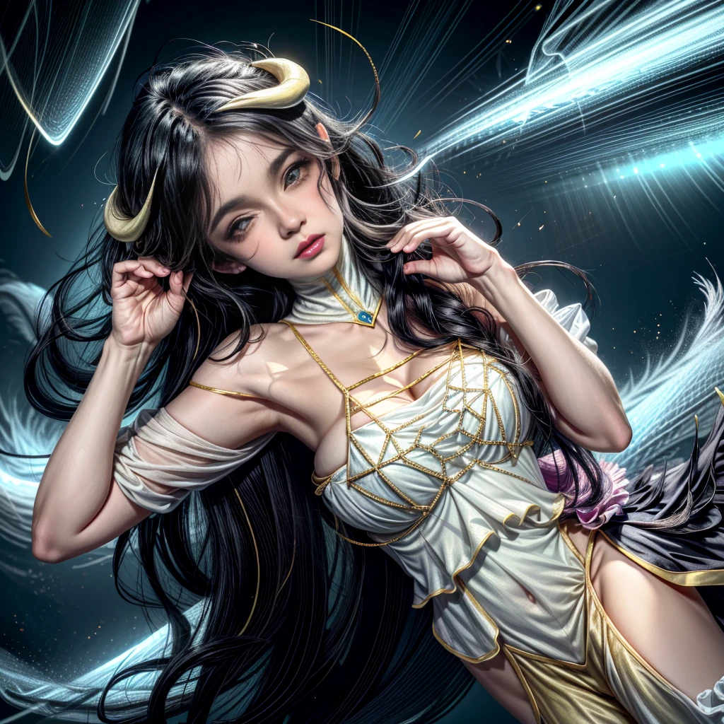 Albedo, full body, Masterpiece, Best quality, Ultra-detailed, illustration, epic lighting, Cinematic composition, isometry,(hexagons:1.2), 1girll, Horns, Solo, Yellow eyes, Black hair, Long hair, (Low wing:1.2), Large cleavage, Bare shoulders, hair between eye, Medium breasts, (White dress:1.1), Golden decoration, Detached collar, yellow Eyes, , parted hyper puffy lips, Blush, particle fx, (8K:1.1), blushing face , transparent dress, looking at above, from bellow