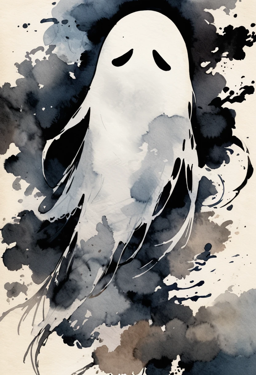 cheap rough sketch style drawn with watercolors, ink painting, and finger painting, A classic Japanese ghost image with a terrifying and resentful expression, delicate and dynamic textures, contrasts of light and shadow, BREAK ultra detailed, absolutely resolution, best quality