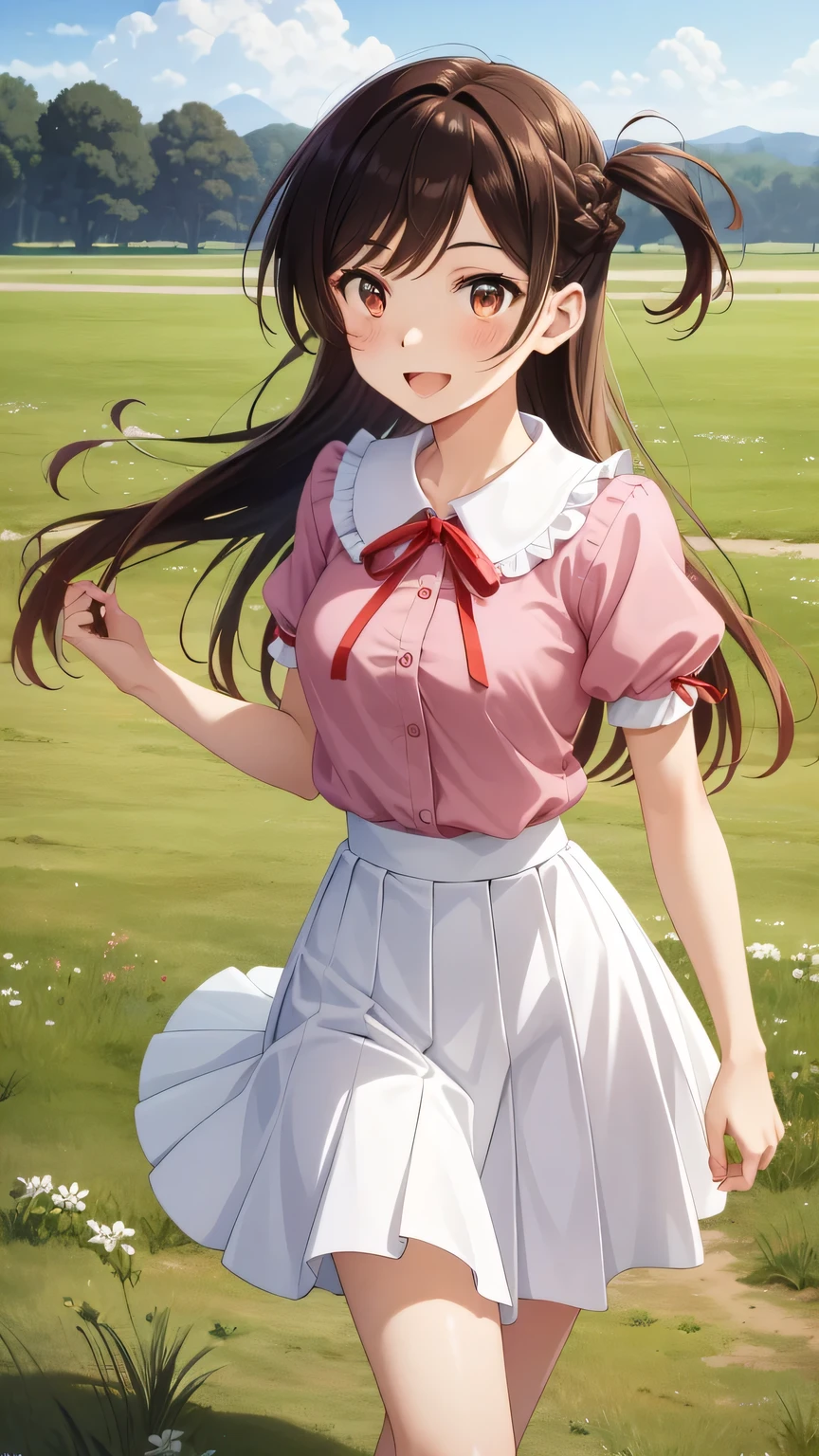 {{{masterpiece}}}, (best quality:1.5), (ultra-detailed:1.5), {illustration}, {{an extremely delicate and beautiful}}, (beautiful detailed eyes:1.6), absurdres, highres, extremely detailed face, 16k, hd, visual anime de uma jovem mulher, extremamente bonito rosto de anime, anime melhor garota, (perfect hands, perfect anatomy), anime face, Mizuhara Chizuru(Rent-A-Girlfriend), chizuru ichinose, aachizuru, cute face, long hair, bangs, brown hair, (brown eyes:1.5), (one side up:1.5), braid, hair braid, medium breasts, thin waist, big hips, curvaceous, BREAK, neck ribbon, red ribbon, pink shirt, short sleeves, puffy sleeves, puffy short sleeves, white collar, mini skirt, pleated skirt, white skirt, barefoot, red high heels, BREAK, open mouth, smiling, flushed cheeks, walking, flushed cheeks, looking at viewer, outdoor, rocky grassfields, standing, isometric drawing, daytime, cowboy shot