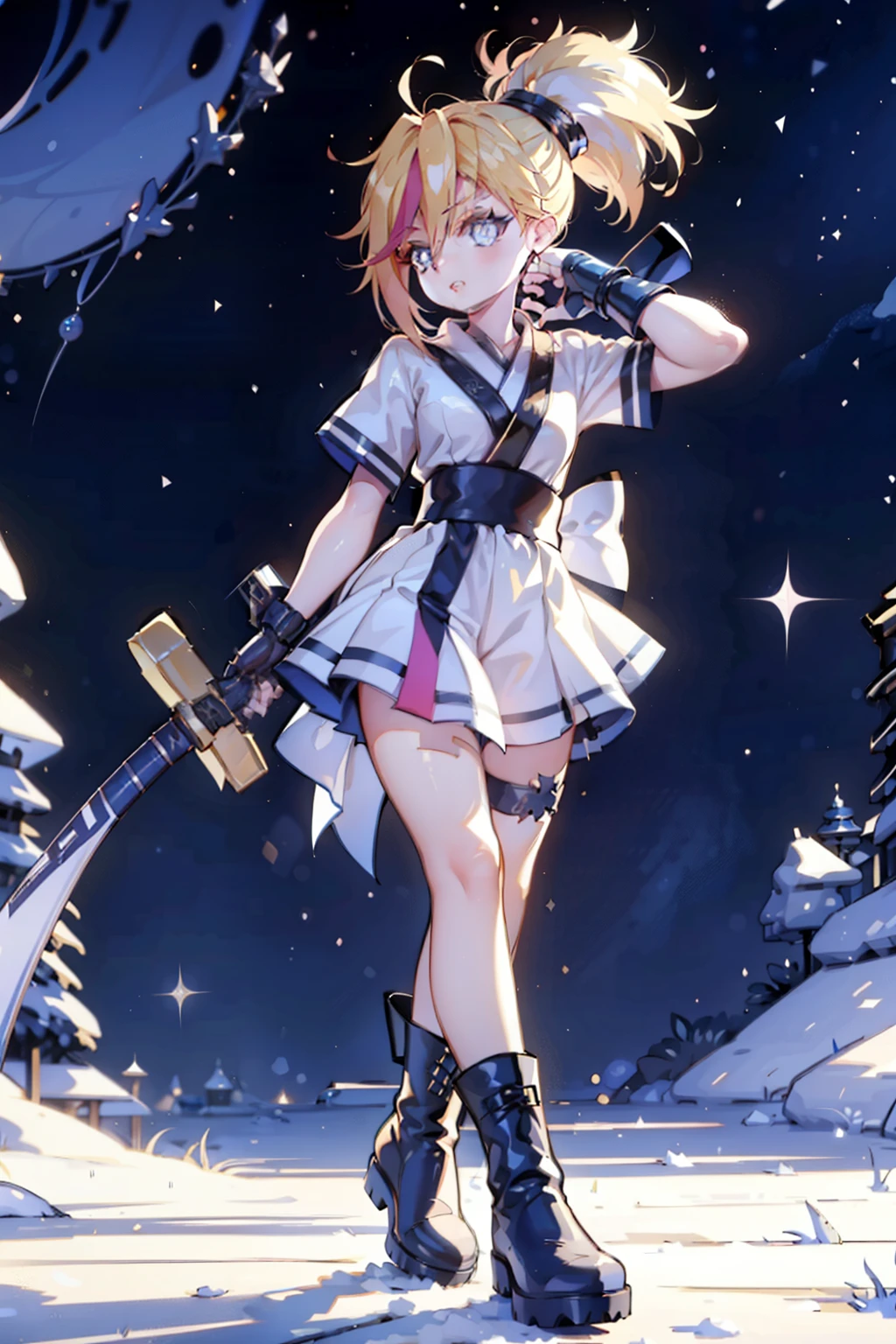 1 girl, ultra long hair, ultra detailed face, glowing lips, glowing blue eyes, very long ponytail, elegant walk, catwalk, holding down a  giant katana, blonde, long eyelashes, long boots , looking to the sky, starry sky, a ultra giant katana 