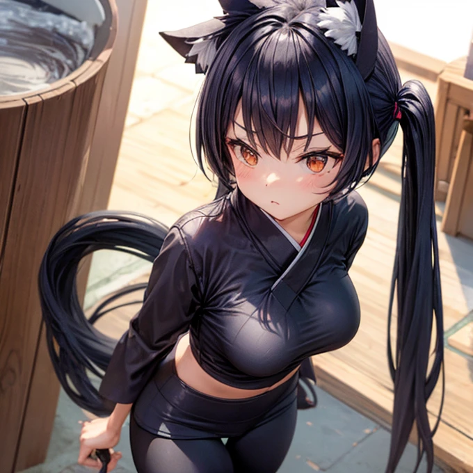 (((Butt sticking out of leggings)))　Kimono　Short leggings　　Huge breasts　Coffee in a paper cup　Cat ears　