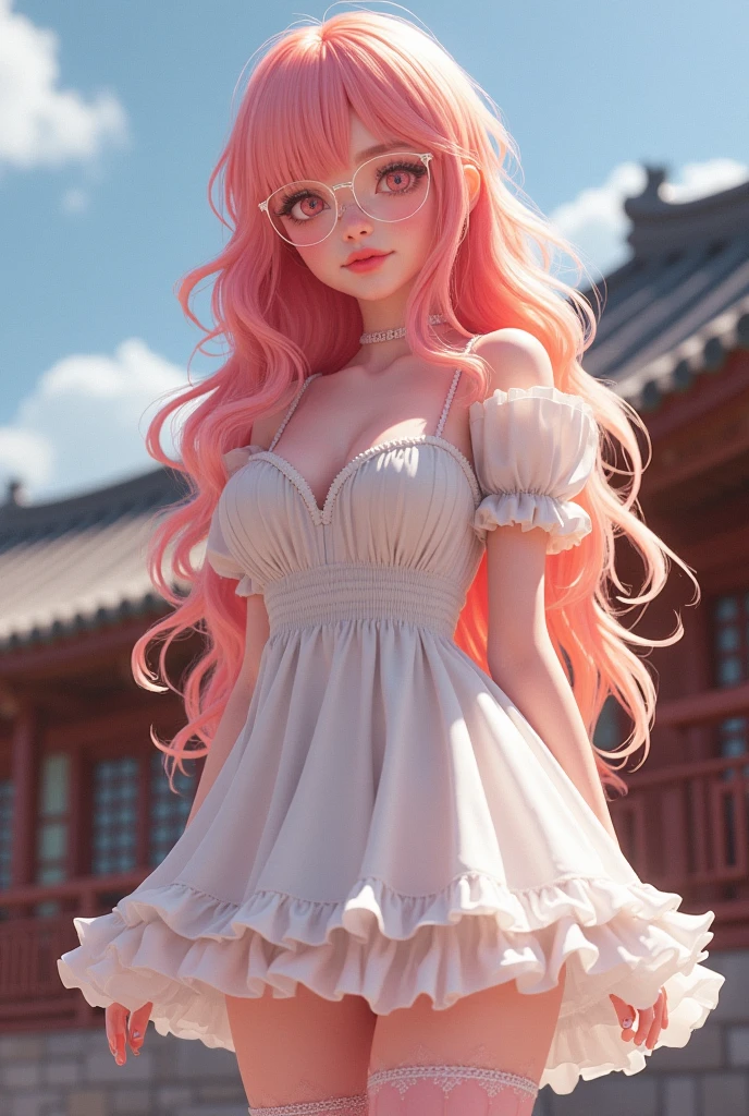 ((RAW photo), absurd, (absurdresolution)), masterpiece, best quality, (Extremely detailed CG unity 8k wallpaper), (best illustration), (best shadow), Realistic lighting, beautiful detailed glow, hyperrealism, (Beautiful woman, Gorgeous, 18 years old)), (light pink eyes, sharp pupil, real, large transparent glasses), (makeup), (salmon pink hair), (pink stockings with frets, short white dress, crinolines), ((clear sky, wooden oriental style house)), (Photographic Perspective). «SunPuma S»