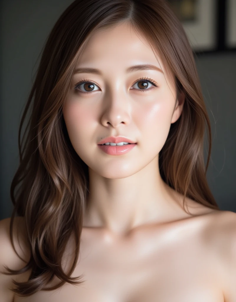  One Girl Shaking Her Hips  , ,( Shiraishi Mai in Nogizaka46  ) (  semi-long), nsfw、bright茶髪,  Wavy Hair、  mature adult woman  、  Brown Eyes  .  Shining Eye Shadow  , Long Mascara  . ,  pink lips.  Beautiful Thighs、((pubic hair:1.4,))、 nude,Nipples, smile, nude、Naked Photos、Her Picture  , bright, Photo quality,  best quality , Kampala , Unity 8k wallpaper , ( beautiful eyes:1.6),  Highly Detailed Face  , perfect lighting, High-definition CG, (Perfect hands,  perfect anatomy),(Hunchback)、nude、pubic hair、,Front,Walking the runway naked、Waistline、(Open the front of Gown)