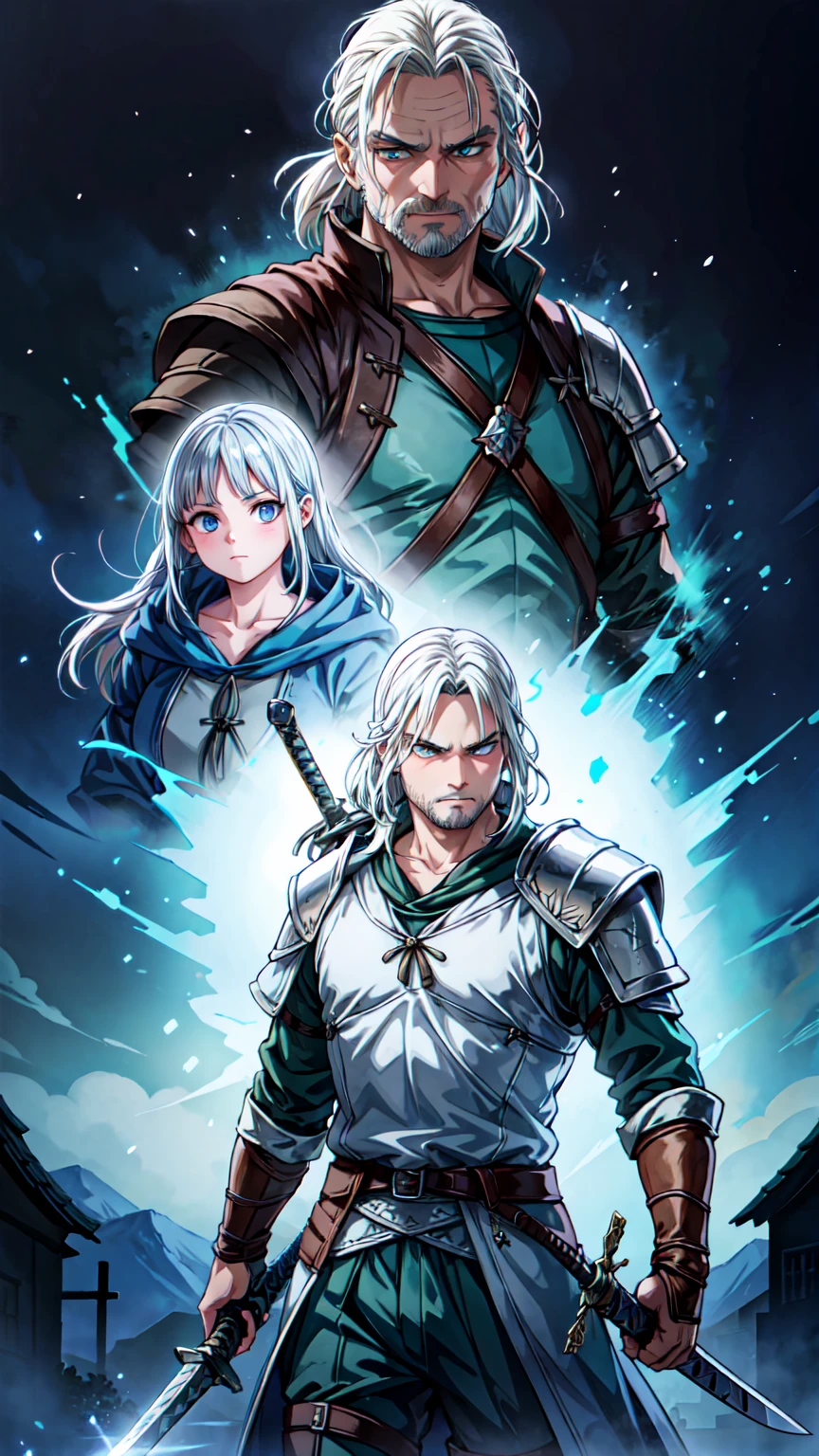 Geralt of Rivia holding a sword, shock, Lambert and Vesemir, , Background of the wolf school, and the symbol of the wolf  