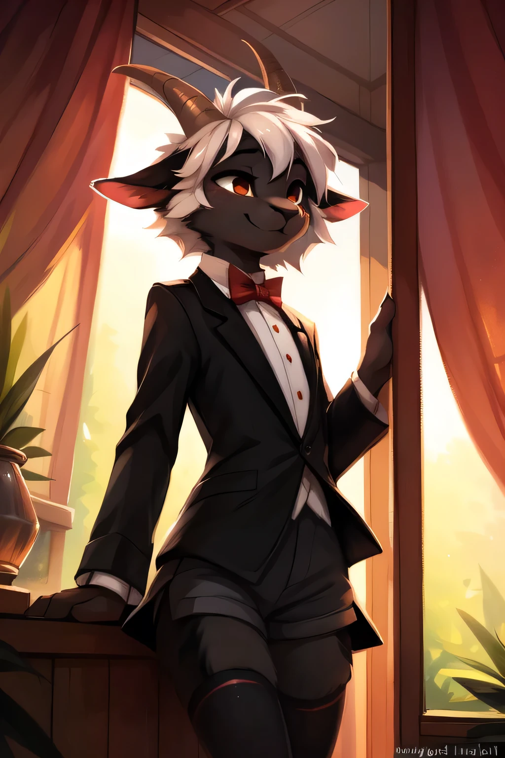 คุณภาพสูง, 8k, โดย Kenket, โดย swaybat, โดย Reysi, โดย zackary911, โดยไฮแอทเลน, High quality, 8k, by Kenket, by swaybat, by Reysi, by zackary911, by Hyatt Lane, at Teran, by Fumiko, by pixelsketcher, by Bayard Wu, by Einshelm, by Klina, by Hioshiru, by Kevlar fiber, fluffy, human, alone, best quality, highly detailed illustration, (Young Anthro Soft Goat:1.4), (Matte Black Fur Color:1.4), feminine face and body, thick messy hair, elegant outfit with bow tie, tailcoat, shorts, tight stockings, shy smile, flirty woman, small waist, wide hips, slim, perfect figure, long demon tailที่เทรัน, โดย ฟูมิโกะ, โดย pixelsketcher, โดย บายาร์ด วู, โดย Einshelm, โดย คลิน่า, โดย ฮิโอชิรุ, โดยเส้นใยเคฟลาร์, โดย dimwitdog, ขนฟู , มนุษย์, ตามลำพัง, (( เชพาร์ดออสเตรเลีย)), ((หญิง)), ((หนุ่มสาว)), หางฟู, เรียว, ((สั้น white hair)), ขนหน้าอก, สั้น, casual, กลางคืน, ฮูดดี้, ชุดชั้นใน, กางเกงชั้นในสีสันสดใส, หอพัก,