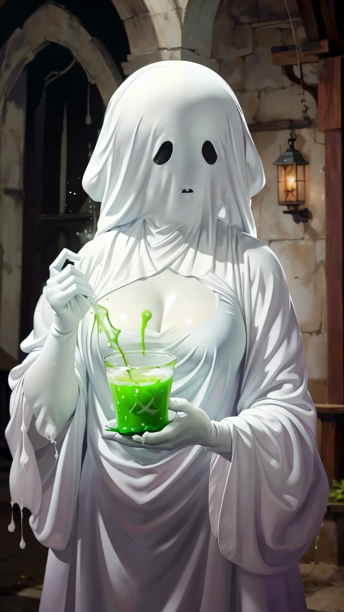 (（（figure，御姐figure,White and tender skin,（（（ghost costume,ghost,））），,(（（No Head ））),((masterpiece)),highres,((Best quality at best)),masterpiece,quality,Best quality,(（（  for the audience ,））），Huge breasts，苗条figure，Dead Wells ， Bats ， Green Liquid，night， upper body）））