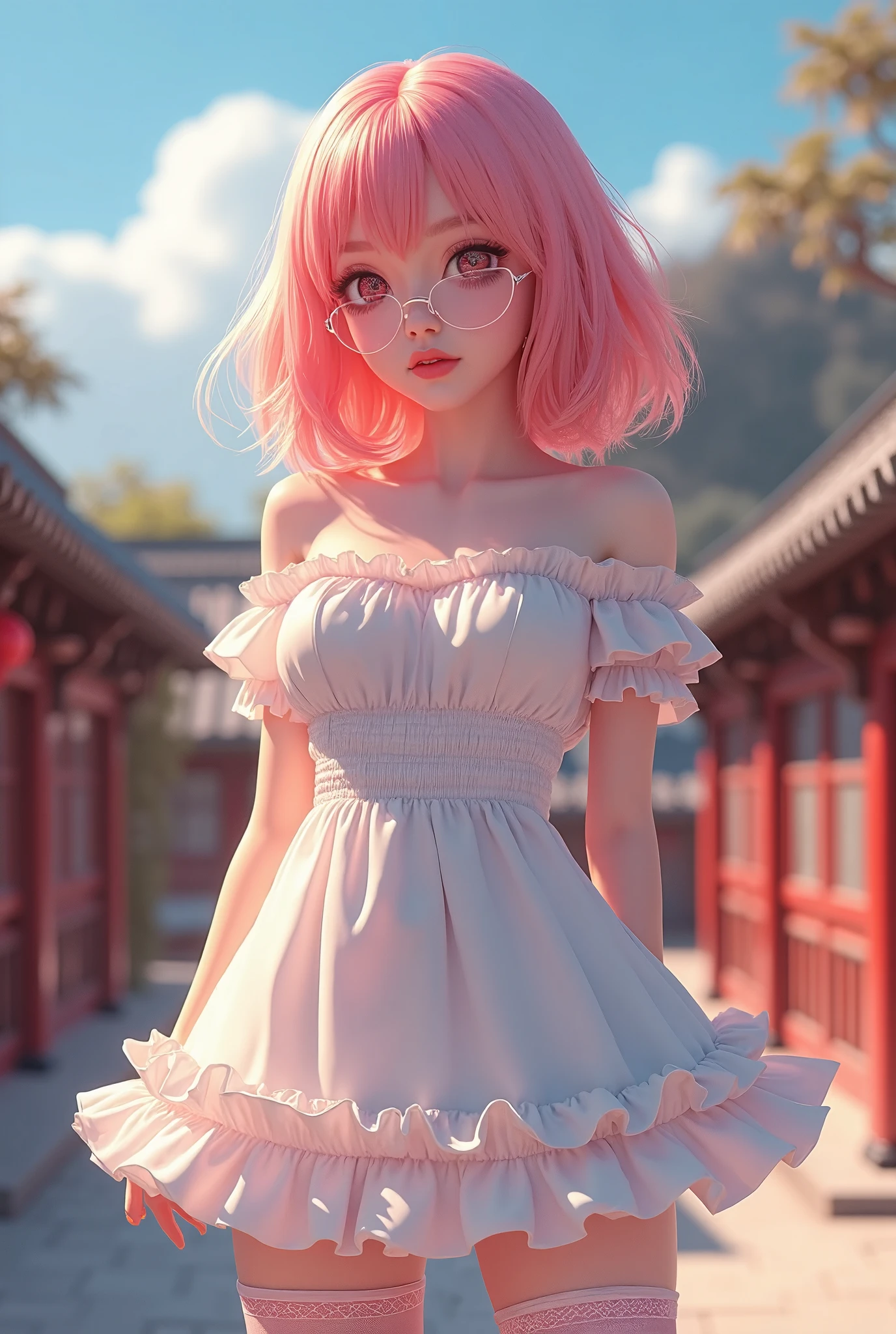 ((RAW photo), absurd, (absurdresolution)), masterpiece, best quality, (Extremely detailed CG unity 8k wallpaper), (best illustration), (best shadow), Realistic lighting, beautiful detailed glow, hyperrealism, (Beautiful woman, Gorgeous, 18 years old)), (light pink eyes, sharp pupil, real, large transparent glasses), (makeup), (salmon pink hair), (pink stockings with frets, short white dress, crinolines), ((clear sky, wooden oriental style house)), (Photographic Perspective). «SunPuma S»