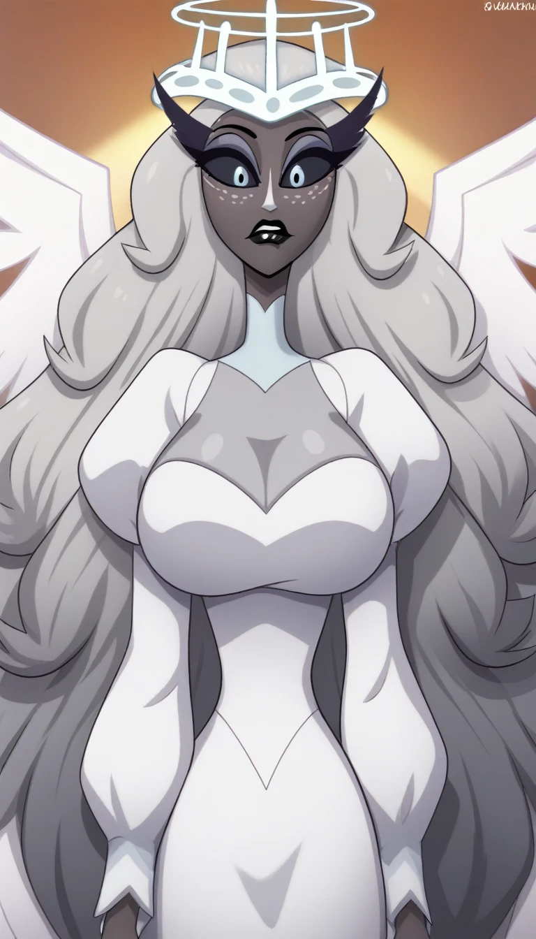 , Dark Skin Tone,  Colored Skin , White Nose,  white freckle face ,  long eyelashes, compensate, Black Lips, grey sclera ,  colored sclera , black pupils, Gray Hair, Long Hair, halo, glowing halo,  angel wings, Large Breasts,  puff sleeves, White Dress,  Long Sleeve ,  long skirt , (Alone),  in the center standing,  watching viewers , indoor